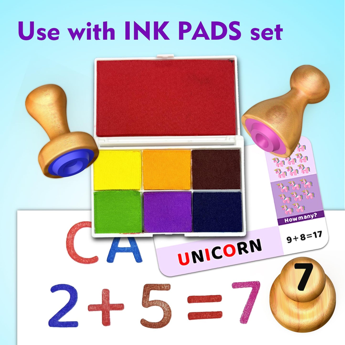Flycoost Montessori Letter & Number Stamps Set — ABC 123, 7-Color Ink Pads, Activity Cards