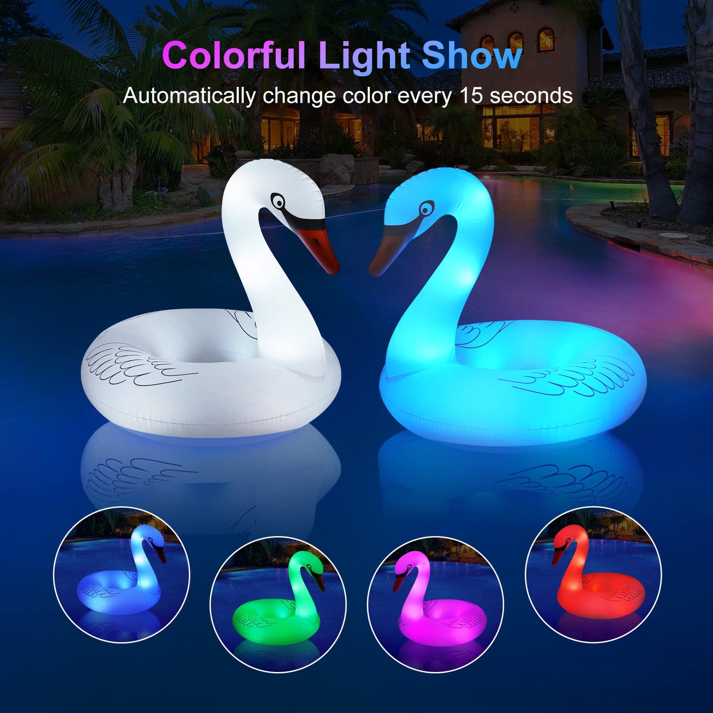 FlyfreeU 42-Inch Inflatable Swan Pool Float with Solar LED Color-Changing Lights