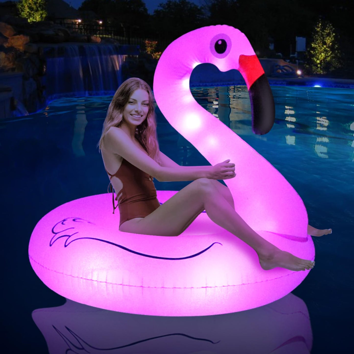FlyfreeU Flamingo Inflatable Pool Float with Lights – 42-Inch Solar-Powered Lounger for Adults