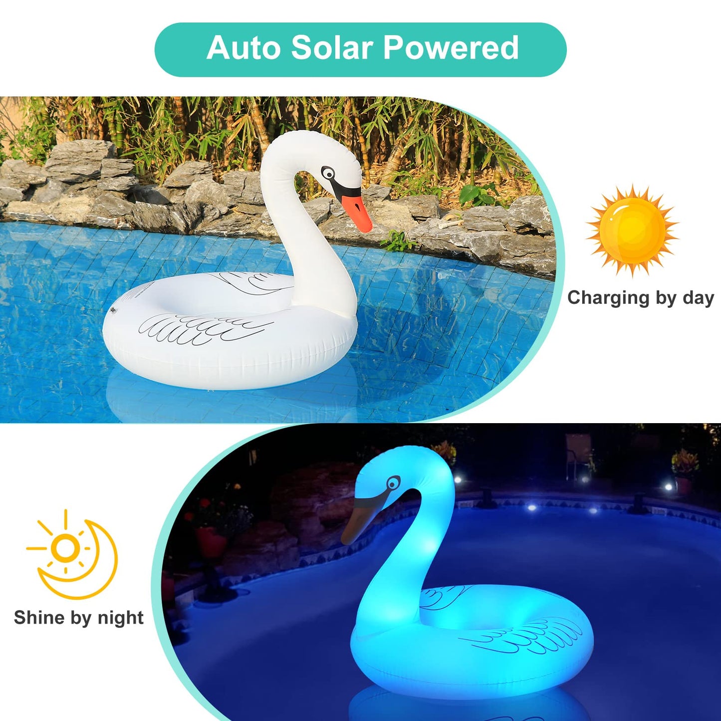 FlyfreeU 42-Inch Inflatable Swan Pool Float with Solar LED Color-Changing Lights