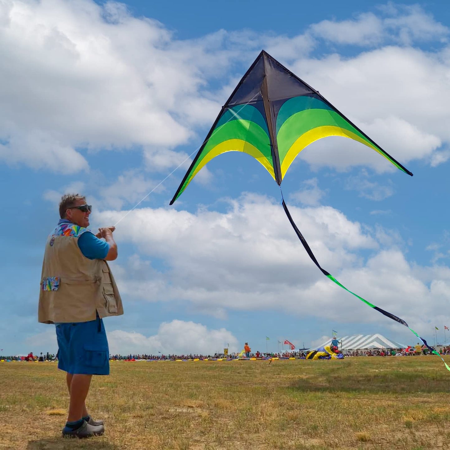Flying Hoofer Giant Delta Kite for Adults - Easy to Fly, 9ft with 98ft Tail (Black & Green)