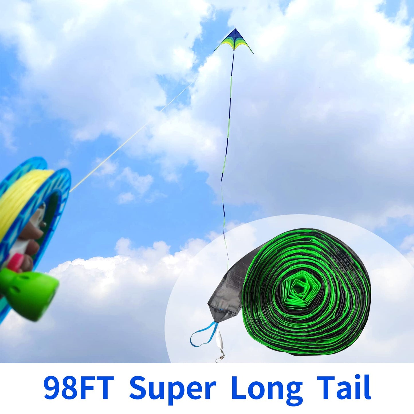 Flying Hoofer Giant Delta Kite for Adults - Easy to Fly, 9ft with 98ft Tail (Black & Green)