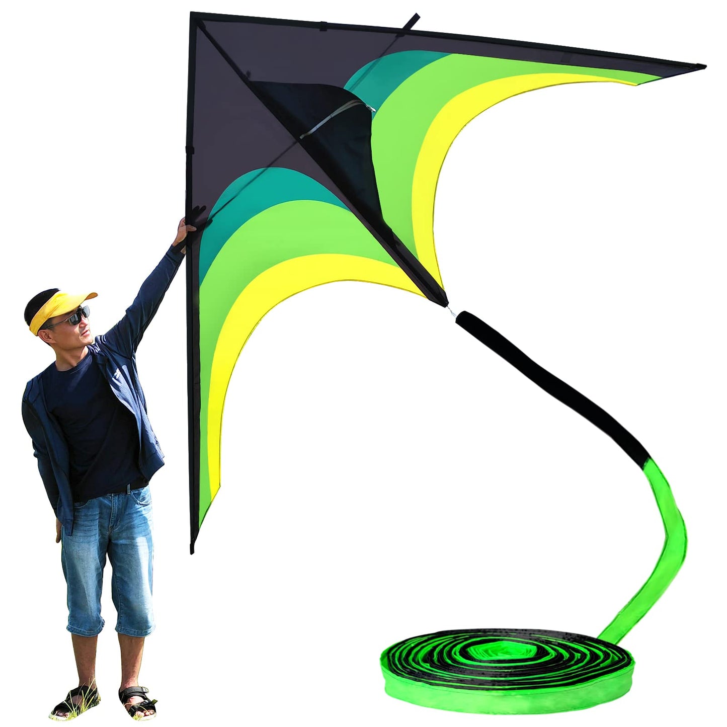 Flying Hoofer Giant Delta Kite for Adults - Easy to Fly, 9ft with 98ft Tail (Black & Green)