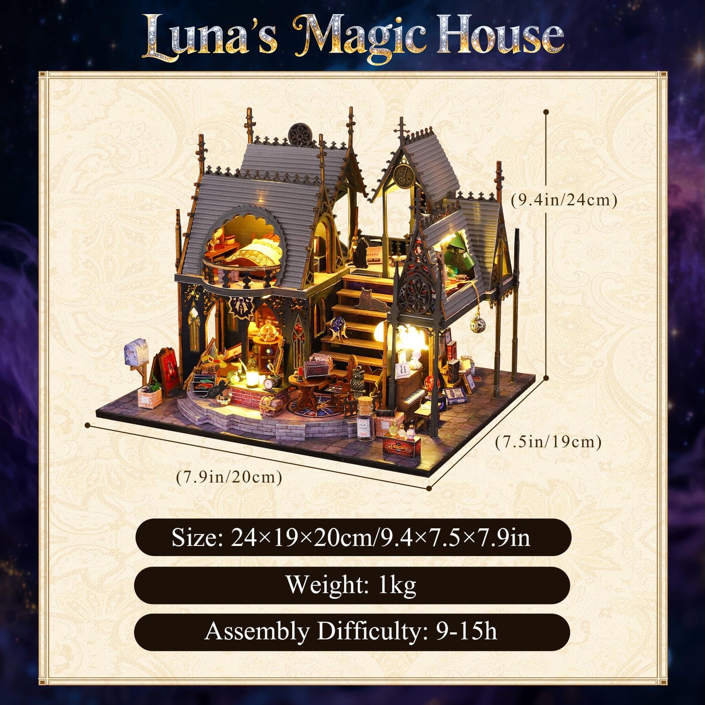 FLYINTOYS Luna's Magic House Kit – DIY Miniature Dollhouse with LED Light and Furnishings