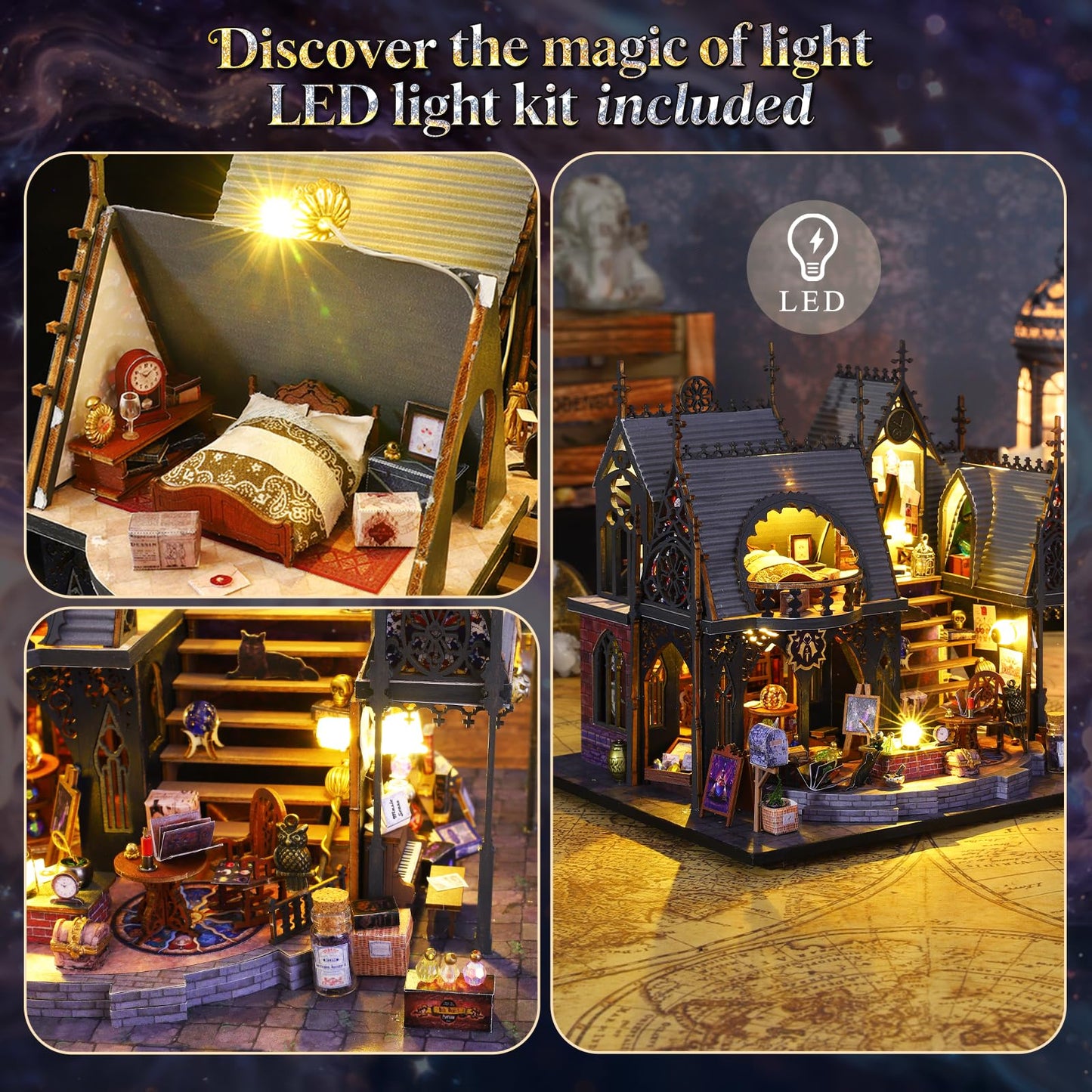 FLYINTOYS Luna's Magic House Kit – DIY Miniature Dollhouse with LED Light and Furnishings