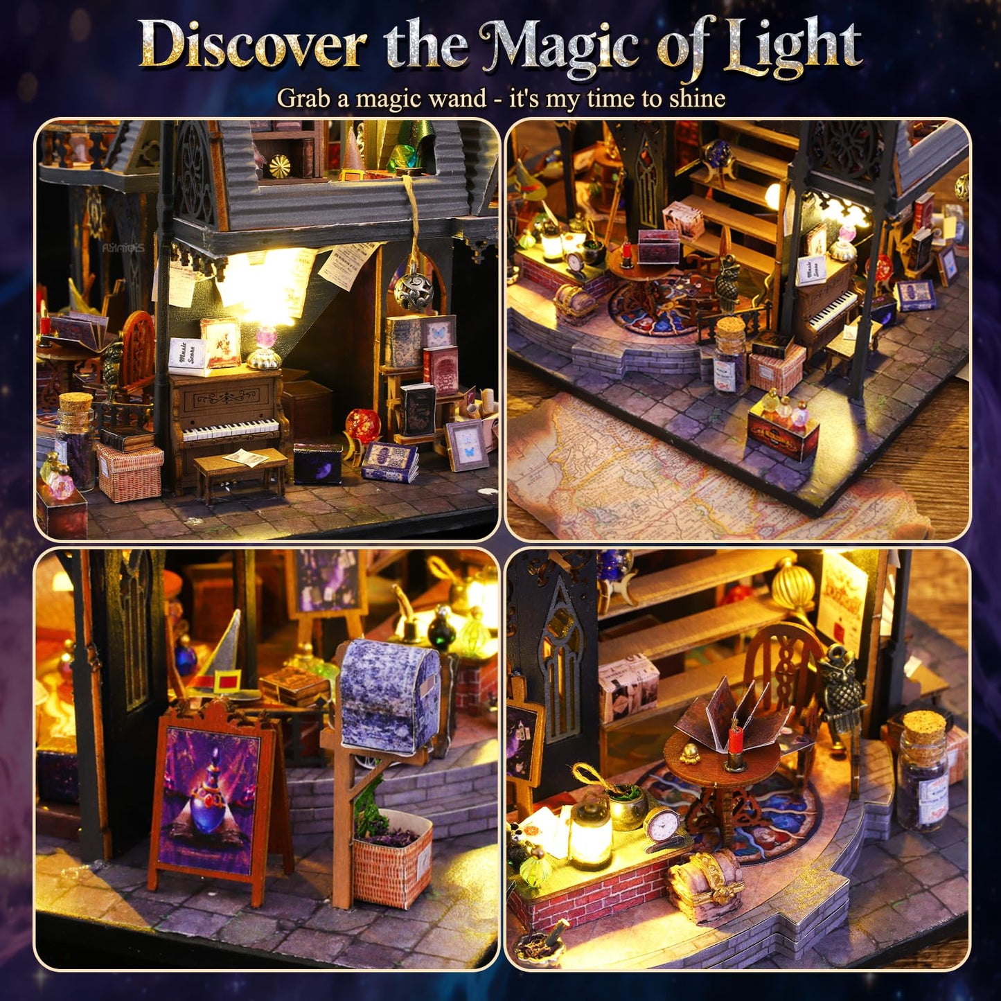 FLYINTOYS Luna's Magic House Kit – DIY Miniature Dollhouse with LED Light and Furnishings