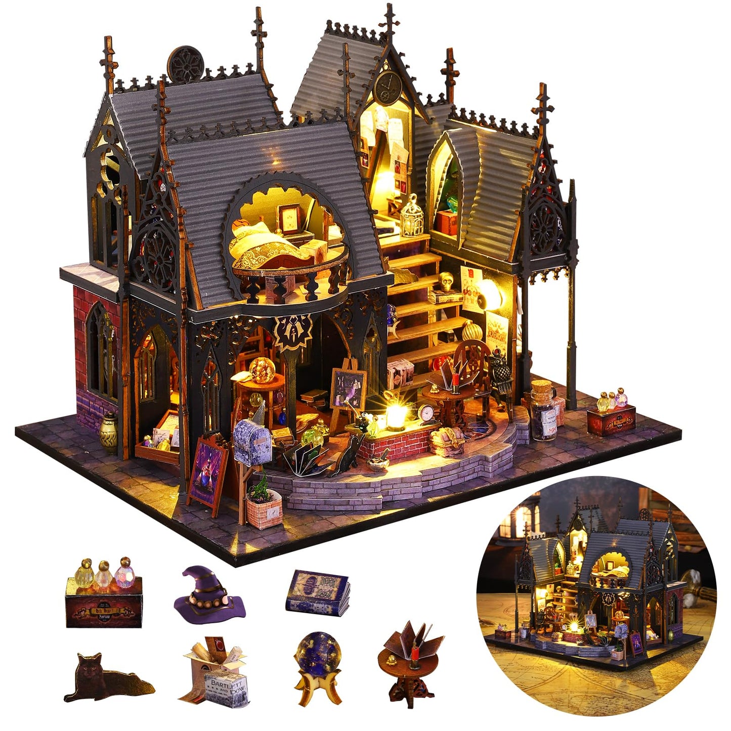 FLYINTOYS Luna's Magic House Kit – DIY Miniature Dollhouse with LED Light and Furnishings