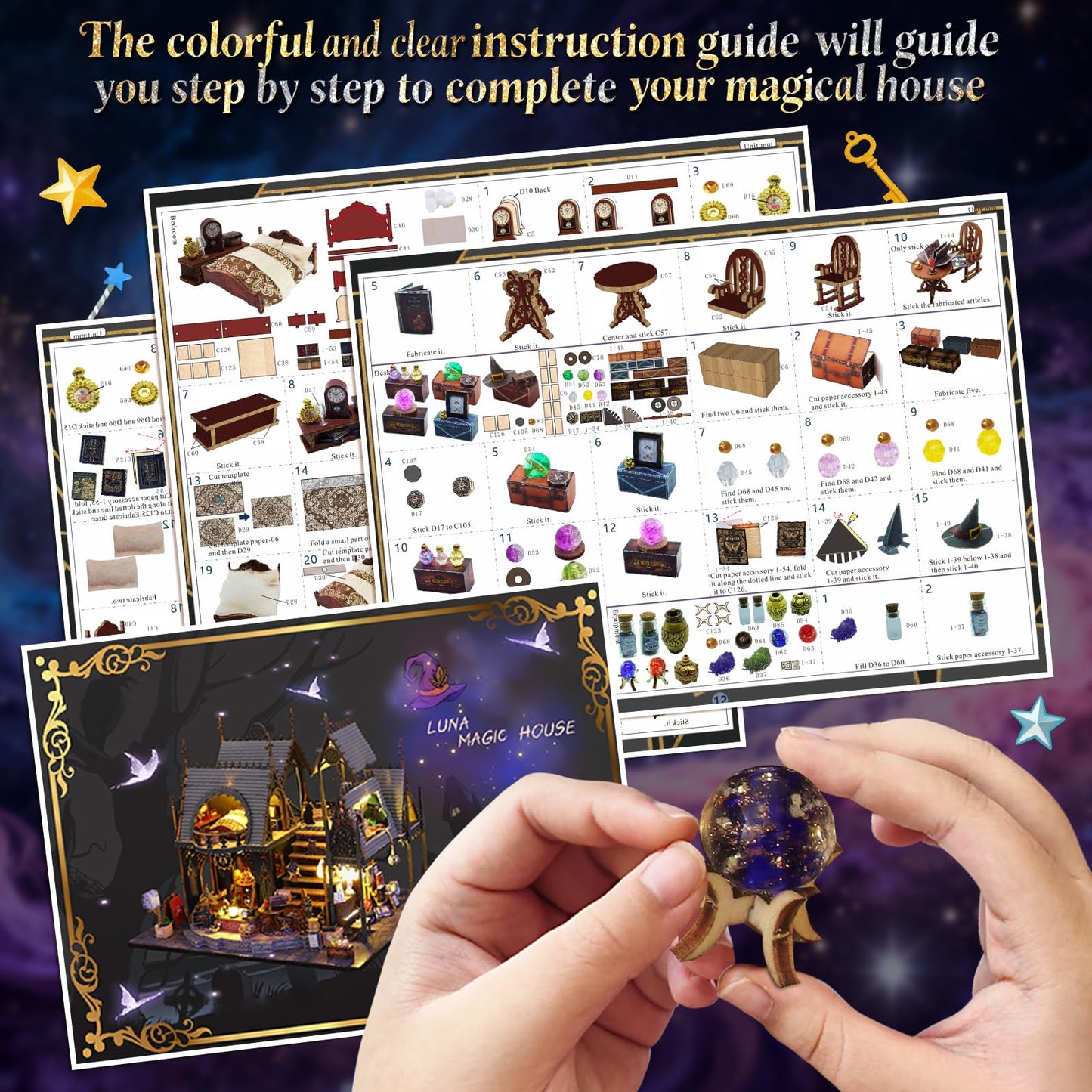 FLYINTOYS Luna's Magic House Kit – DIY Miniature Dollhouse with LED Light and Furnishings