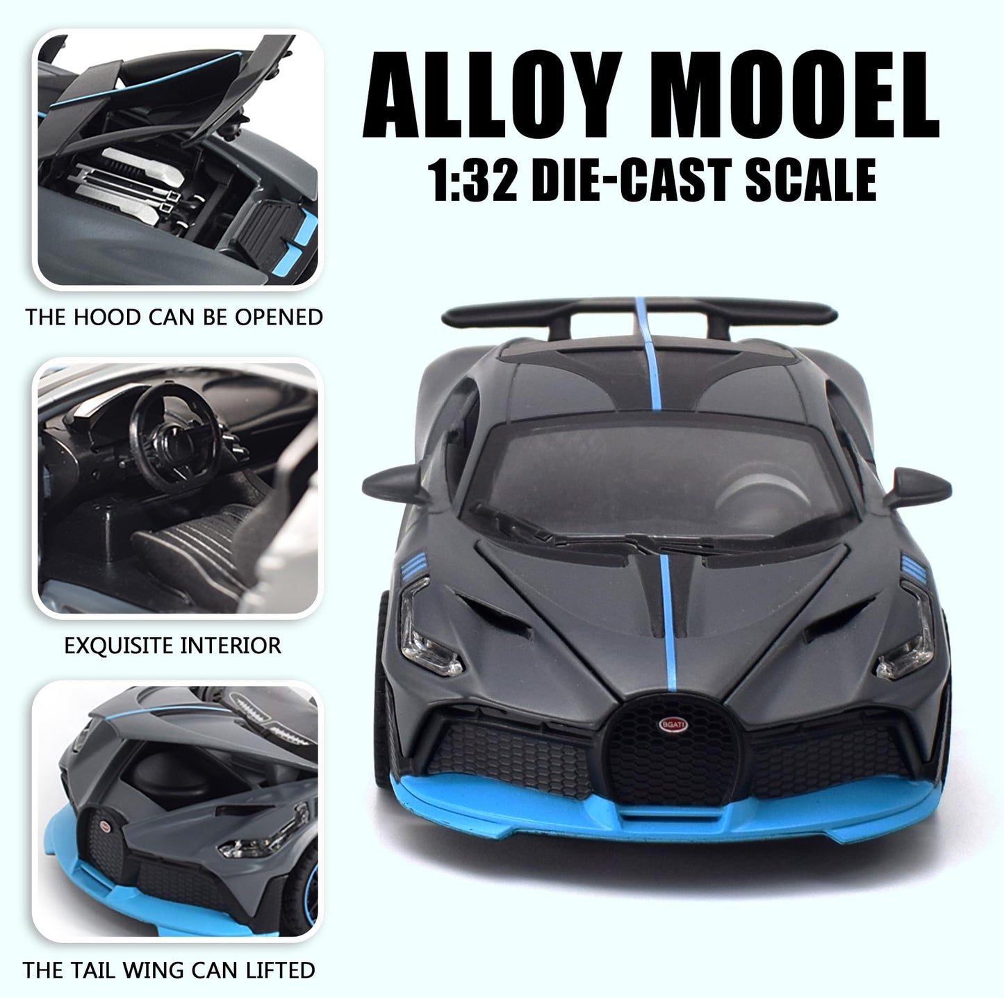 FLYKIRIN 1:32 Bugatti Divo Diecast Car – Light & Sound Pull-Back Model (Divo-Grey)