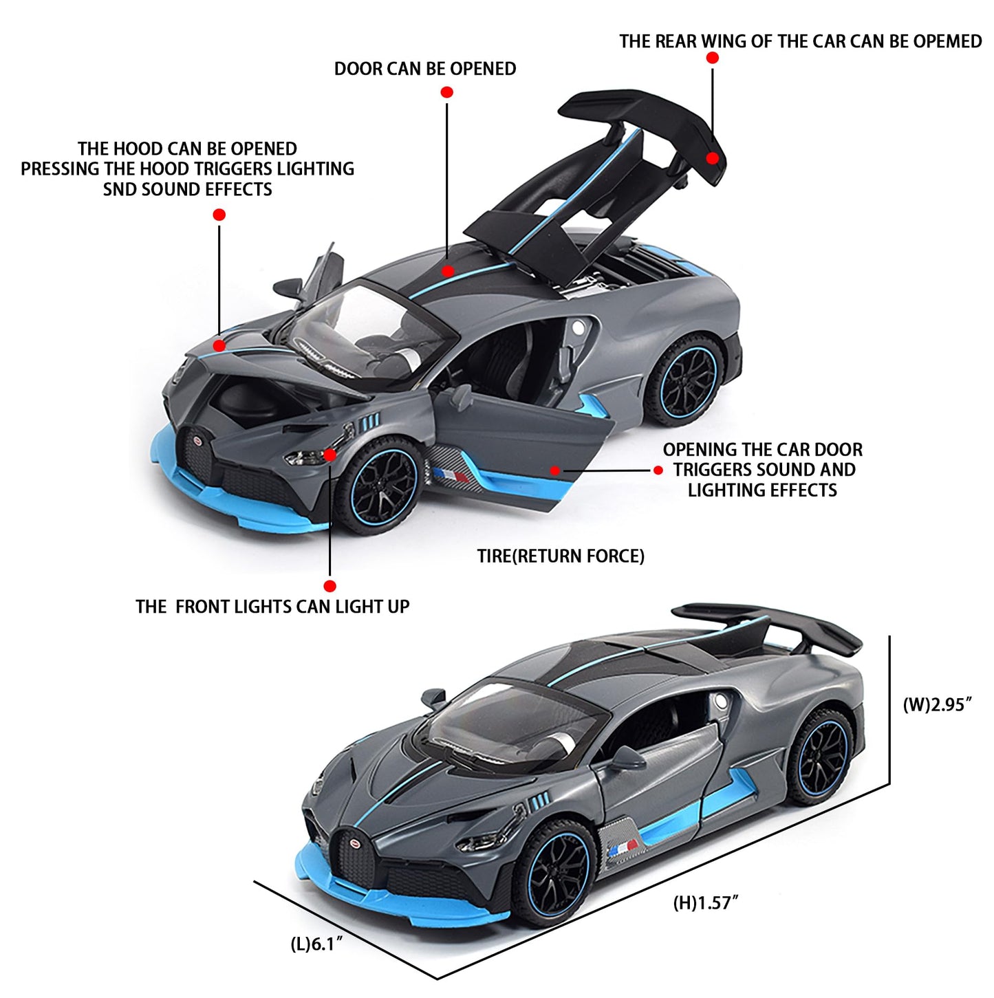 FLYKIRIN 1:32 Bugatti Divo Diecast Car – Light & Sound Pull-Back Model (Divo-Grey)