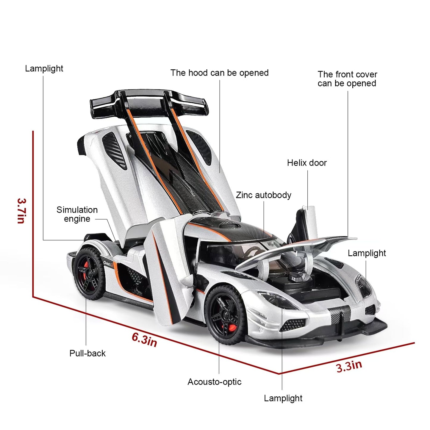 FLYKIRIN Koenigsegg One Diecast Car 1/32 – Lights, Pull-Back, Silvery Finish (Gift-ready)