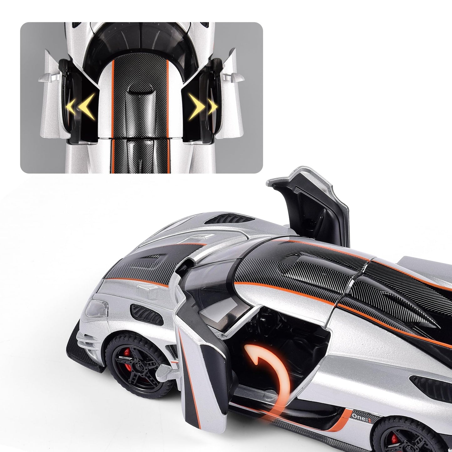 FLYKIRIN Koenigsegg One Diecast Car 1/32 – Lights, Pull-Back, Silvery Finish (Gift-ready)