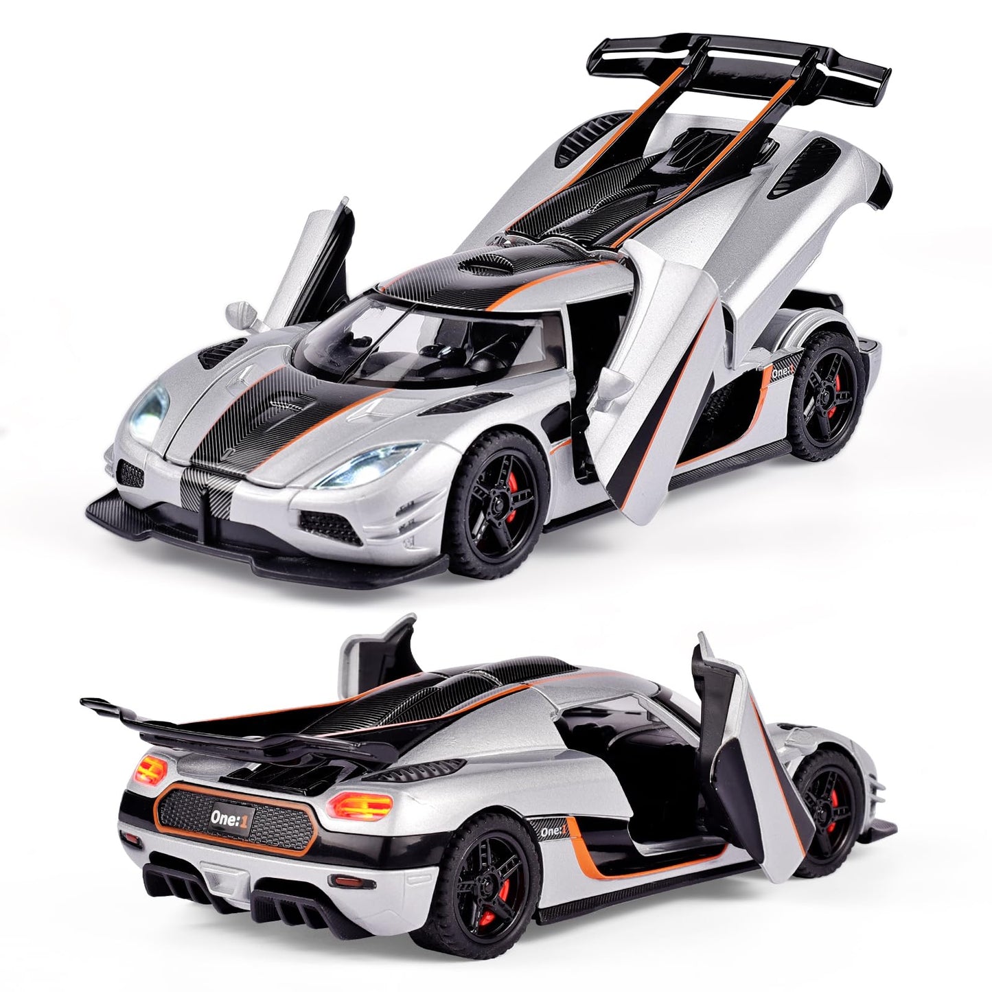 FLYKIRIN Koenigsegg One Diecast Car 1/32 – Lights, Pull-Back, Silvery Finish (Gift-ready)