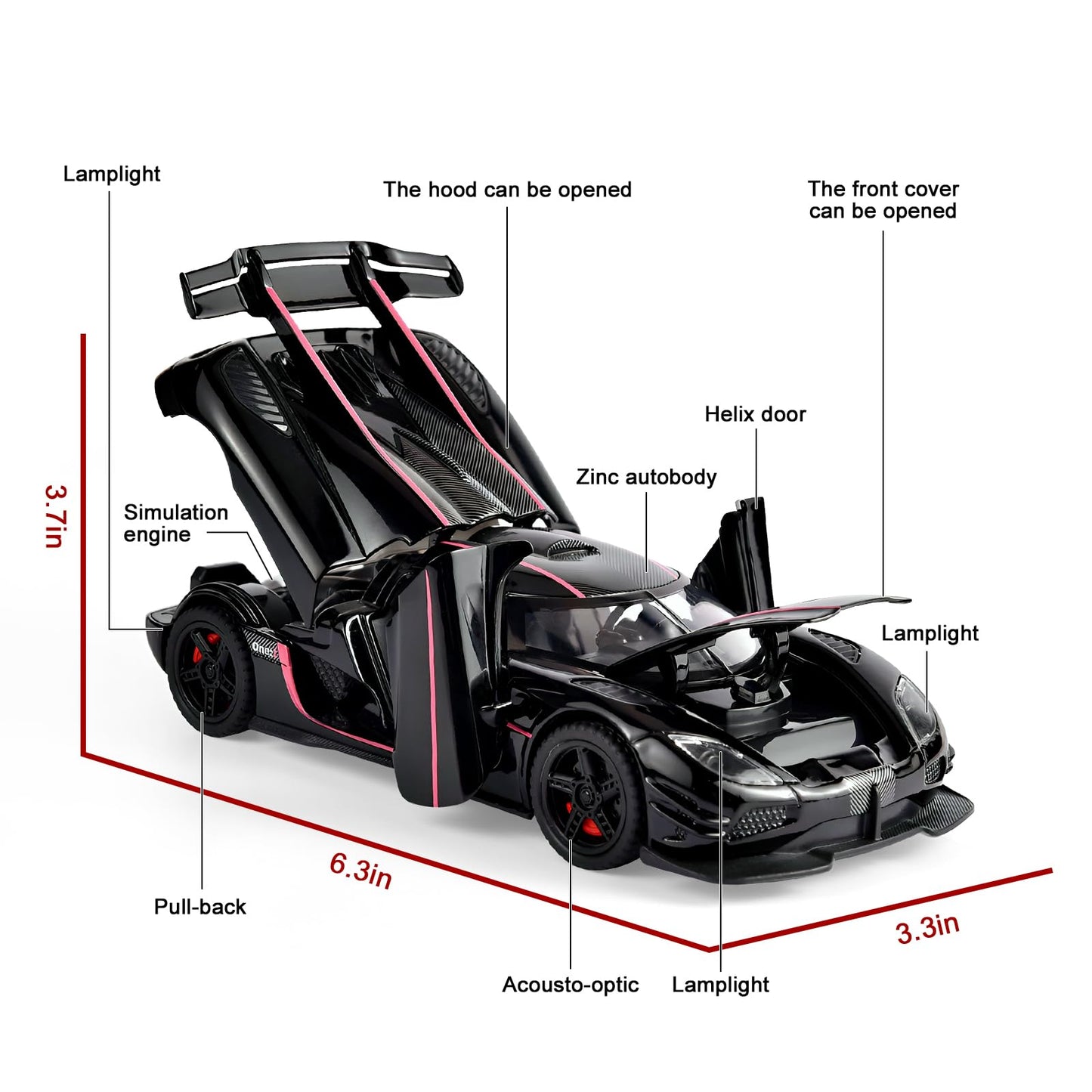 FLYKIRIN Koenigsegg One Diecast Car – 1/32 Scale with Pull-Back, Lights & Sounds (Black)