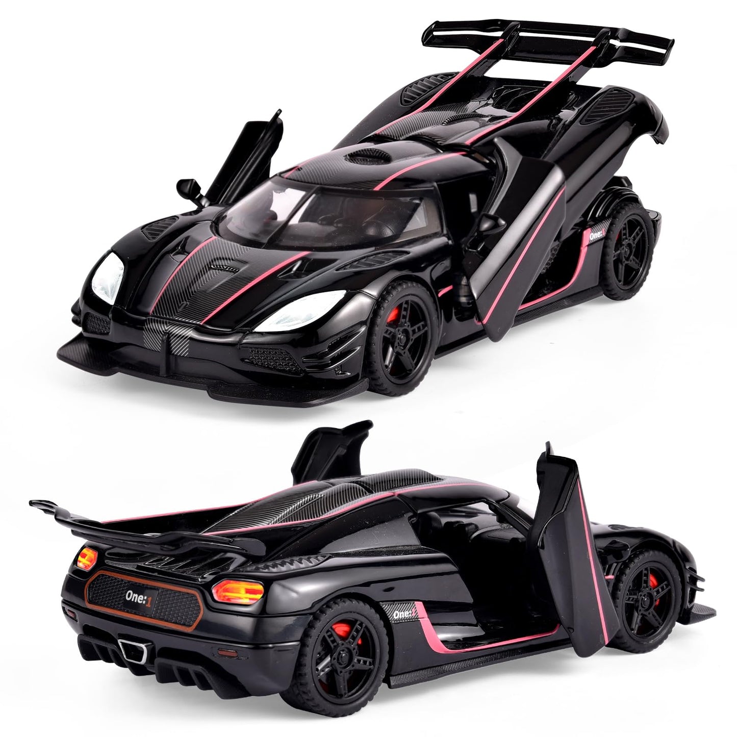 FLYKIRIN Koenigsegg One Diecast Car – 1/32 Scale with Pull-Back, Lights & Sounds (Black)