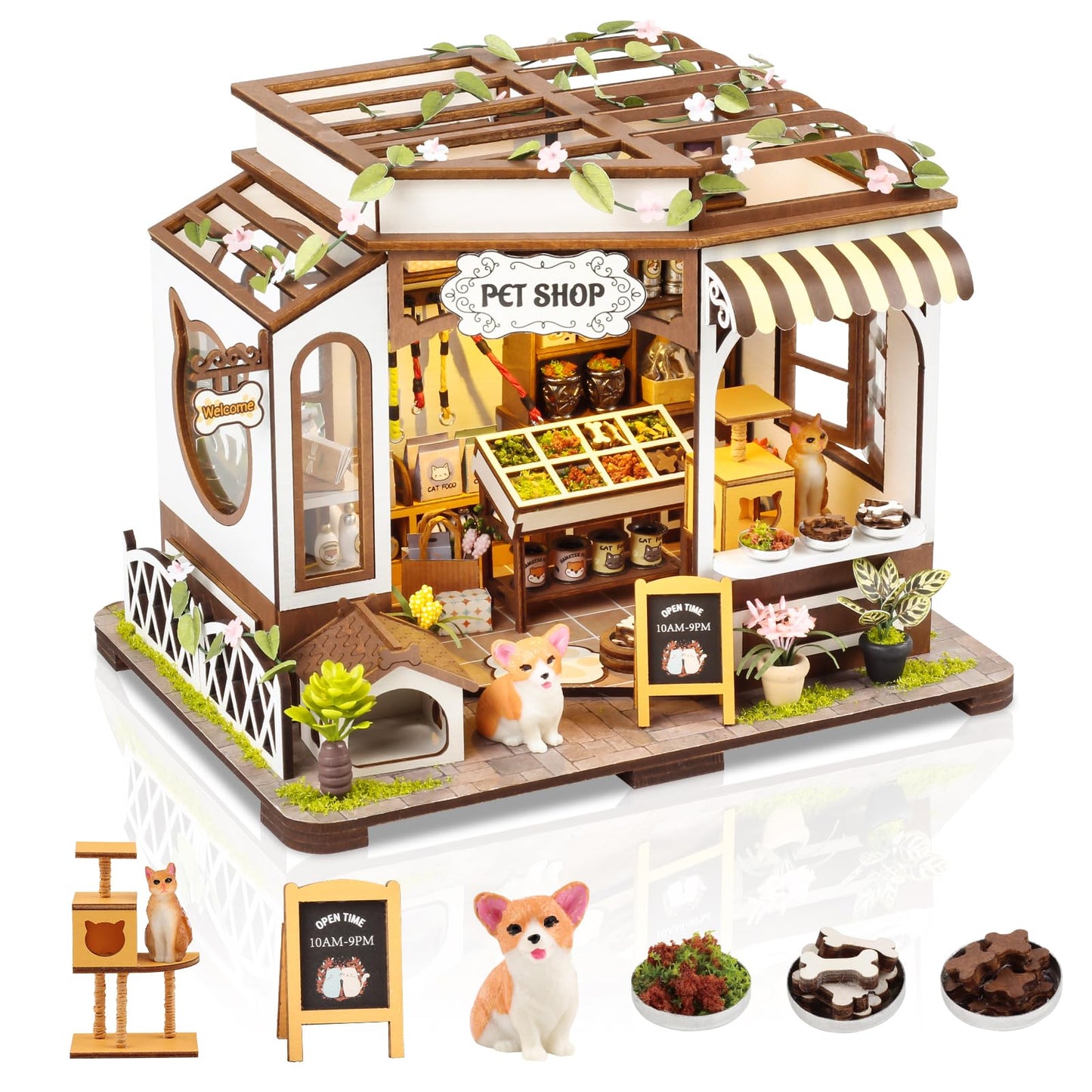 FLYNOVA DIY Miniature House Kit with LED — Pet Shop Dollhouse for Adults & Teens
