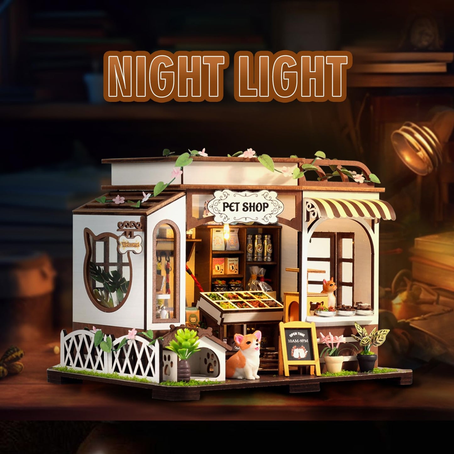 FLYNOVA DIY Miniature House Kit with LED — Pet Shop Dollhouse for Adults & Teens