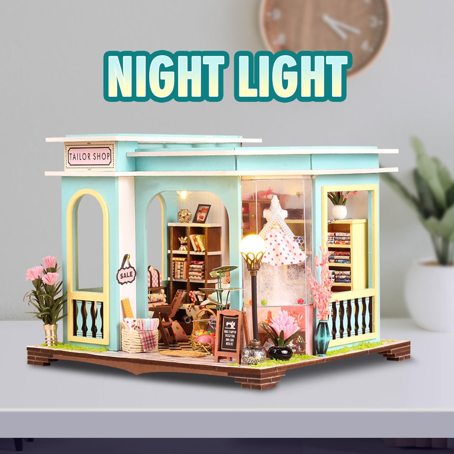 FLYNOVA DIY Miniature Tailor Shop Dollhouse Kit with LED Light — 3D Wooden Craft for Adults