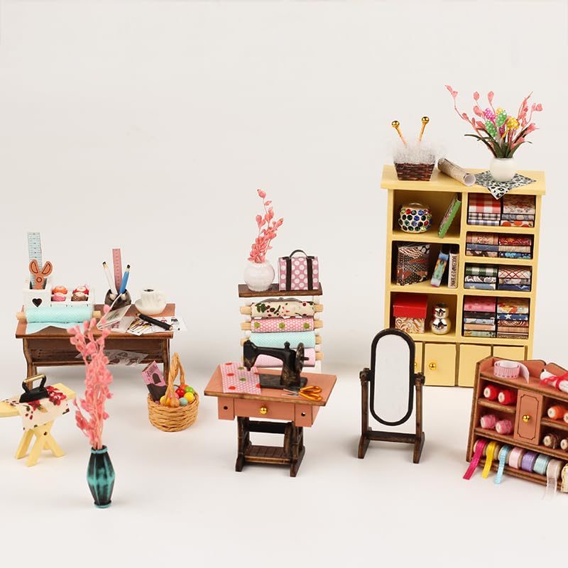 FLYNOVA DIY Miniature Tailor Shop Dollhouse Kit with LED Light — 3D Wooden Craft for Adults