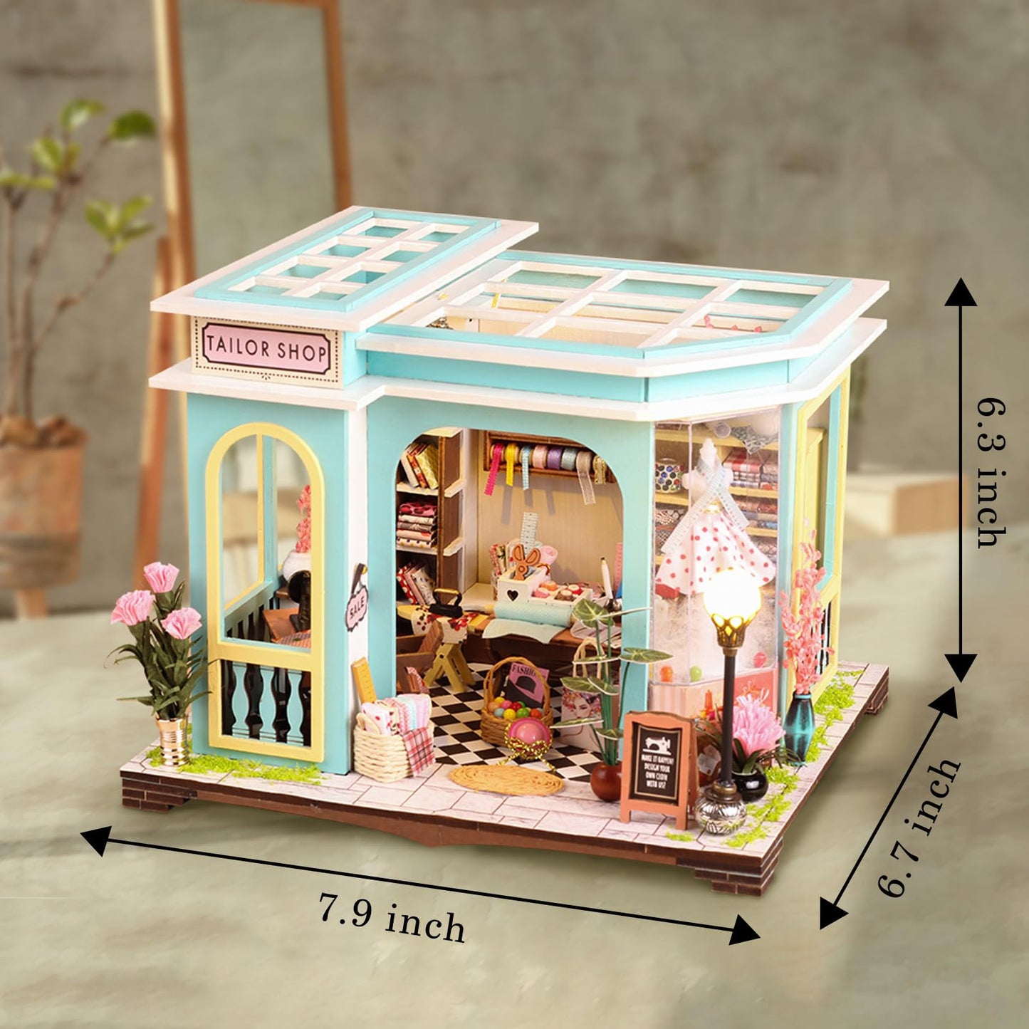 FLYNOVA DIY Miniature Tailor Shop Dollhouse Kit with LED Light — 3D Wooden Craft for Adults