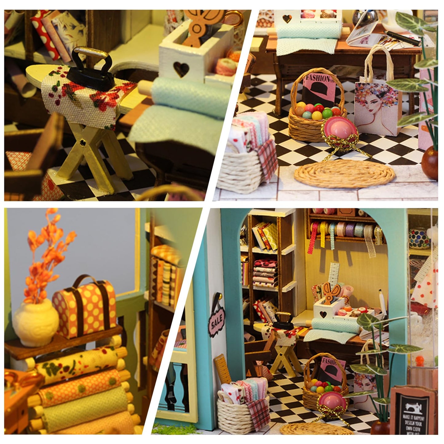 FLYNOVA DIY Miniature Tailor Shop Dollhouse Kit with LED Light — 3D Wooden Craft for Adults