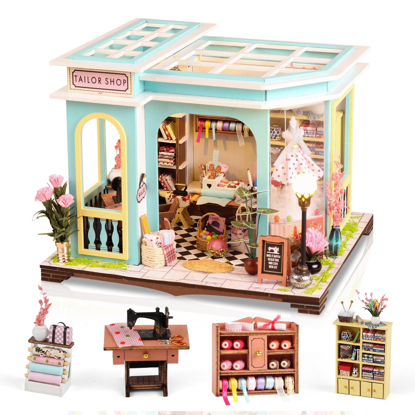 FLYNOVA DIY Miniature Tailor Shop Dollhouse Kit with LED Light — 3D Wooden Craft for Adults
