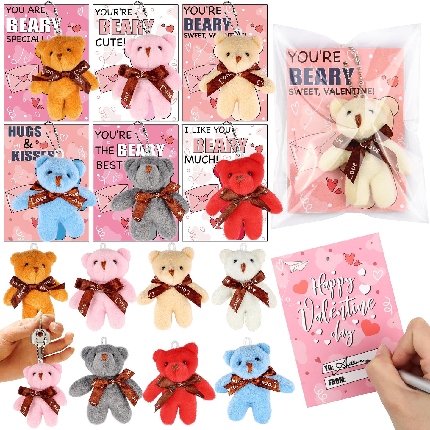 FLYSNK 28-Pack Valentines Cards & Mini Bear Plush Toys for Classroom Gifts