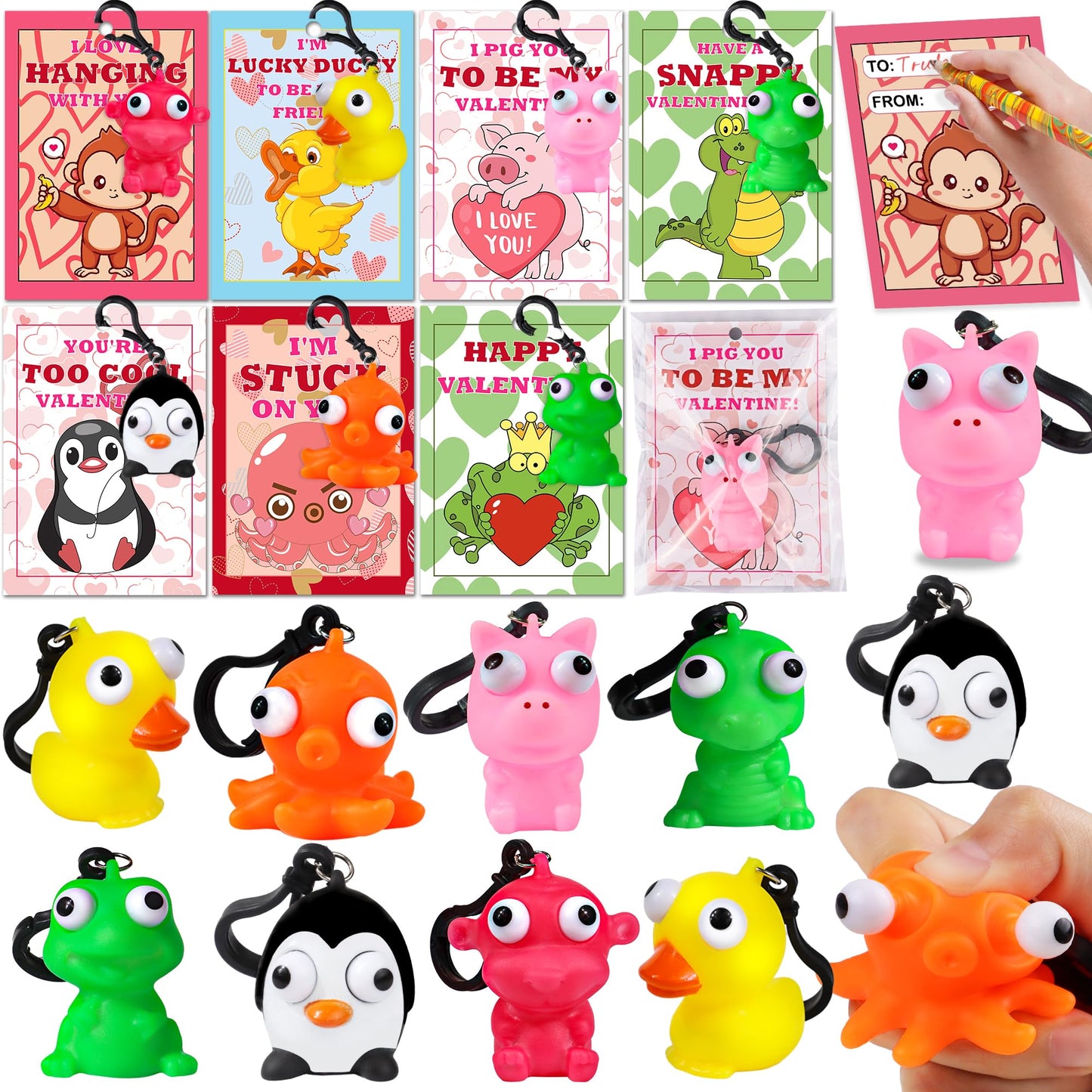 FLYSNK 28-Pack Valentines Cards for Kids | Classroom Gift Set with Animal Keychains