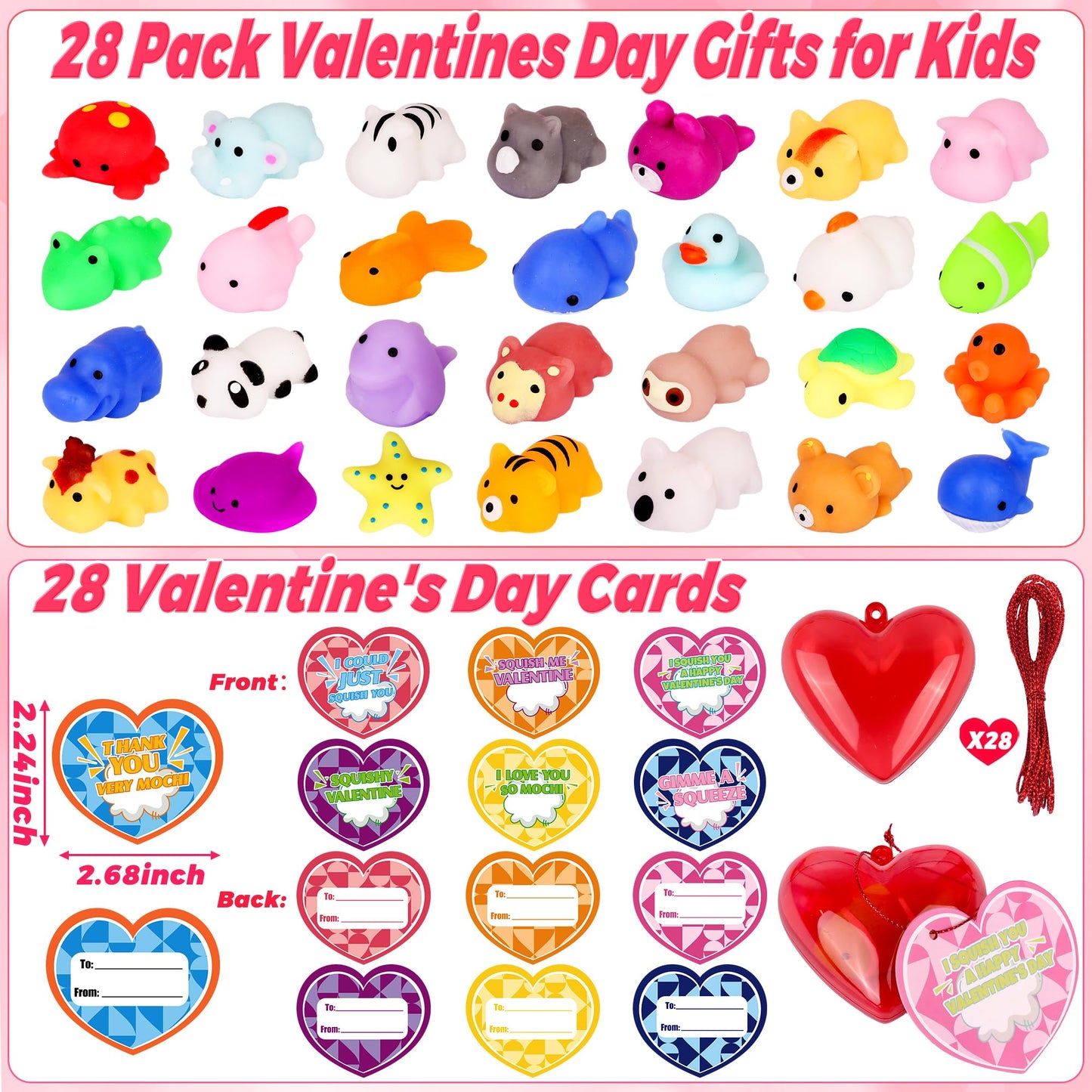FLYSNK 28 Pack Mochi Squishes Valentines Day Cards for Kids – Classroom Gifts, Exchange Cards & Party Favors