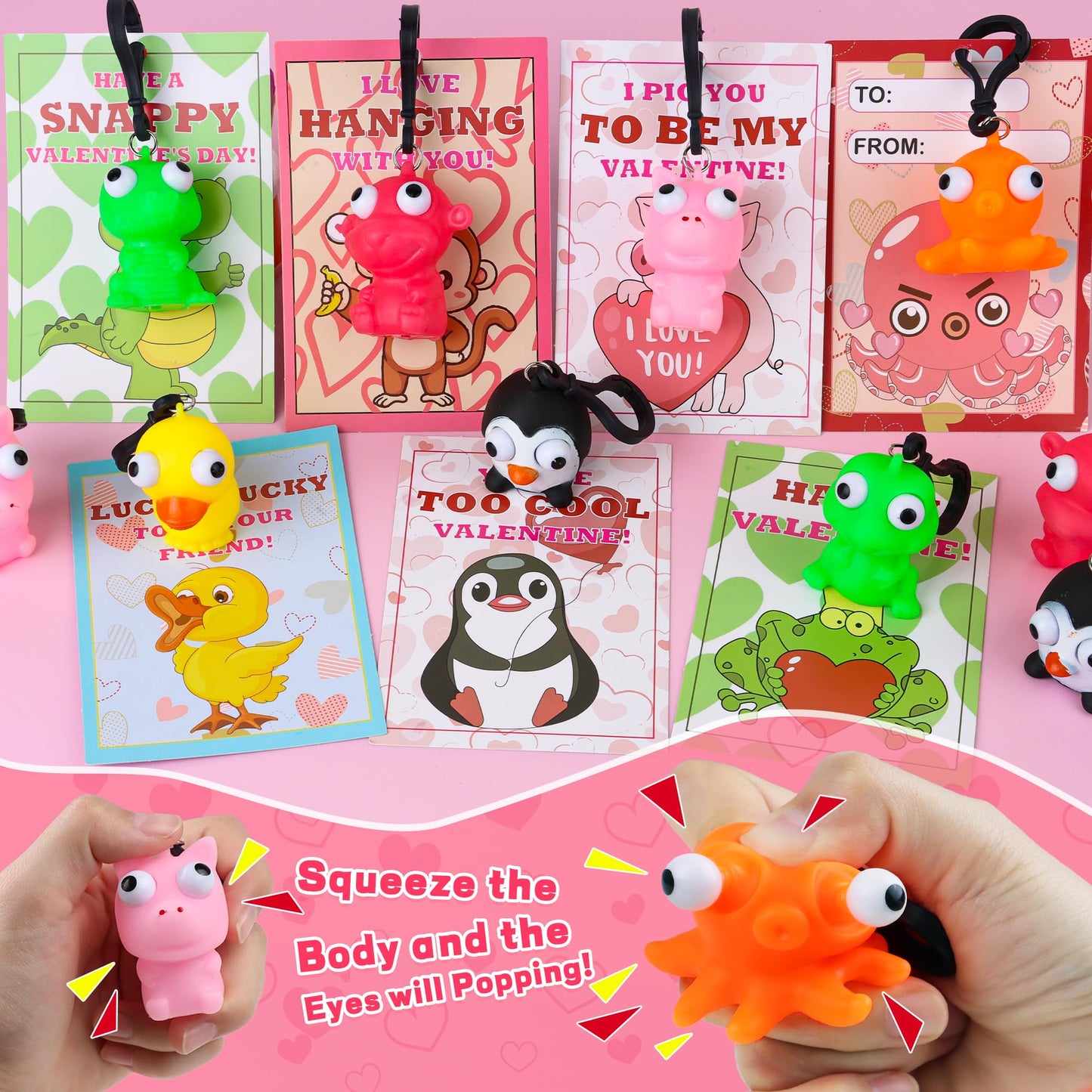 FLYSNK 28-Pack Valentines Cards for Kids | Classroom Gift Set with Animal Keychains