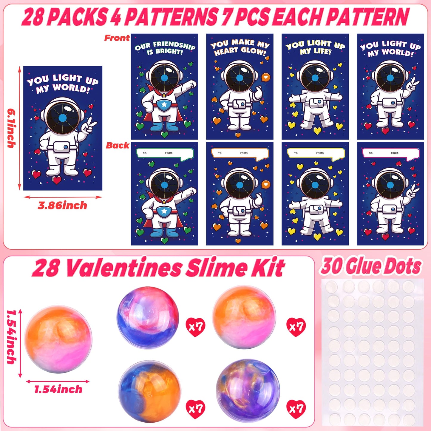 FLYSNK 28-Pack Galaxy Slime Valentines Day Cards for Kids — Classroom Gift Set