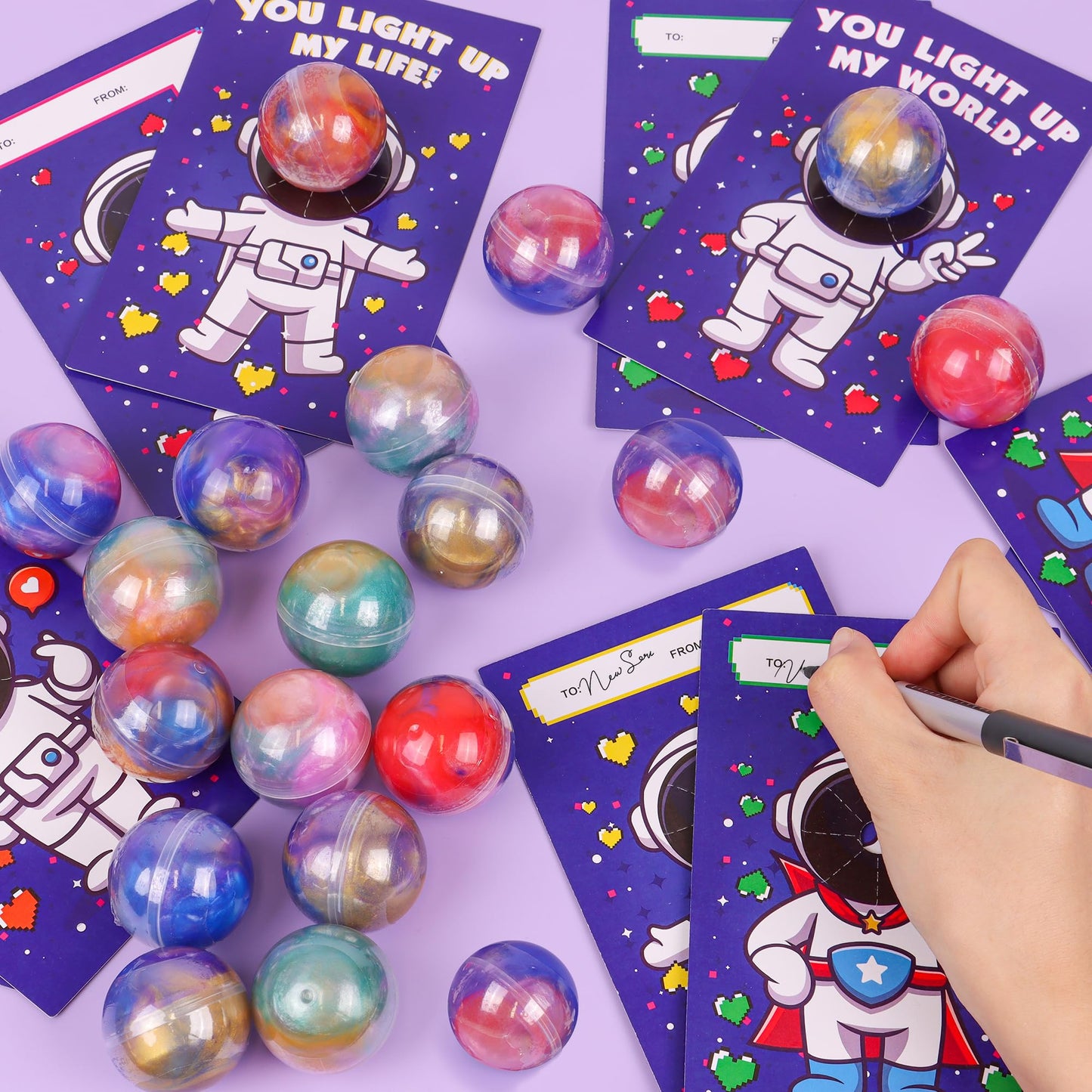 FLYSNK 28-Pack Galaxy Slime Valentines Day Cards for Kids — Classroom Gift Set