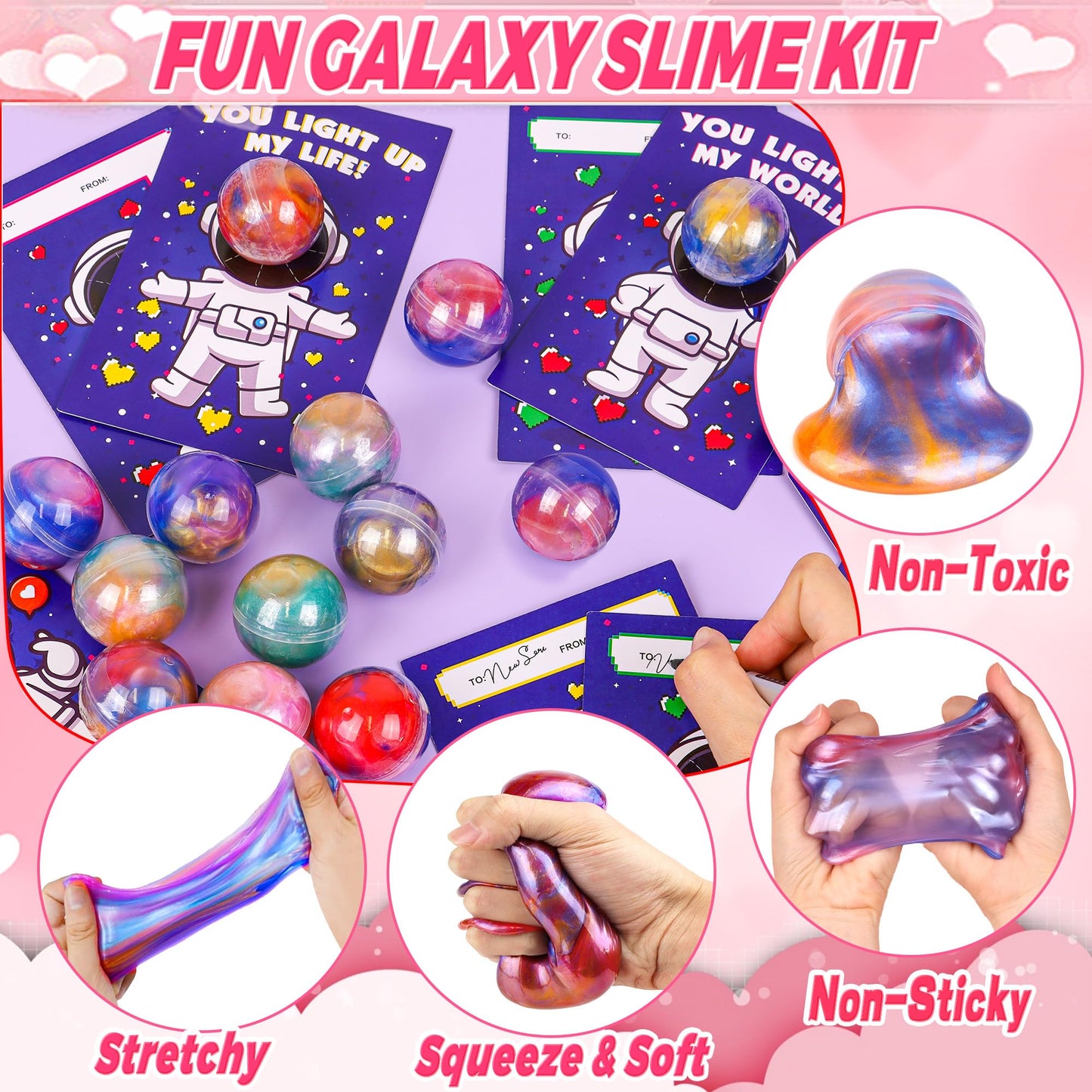 FLYSNK 28-Pack Galaxy Slime Valentines Day Cards for Kids — Classroom Gift Set