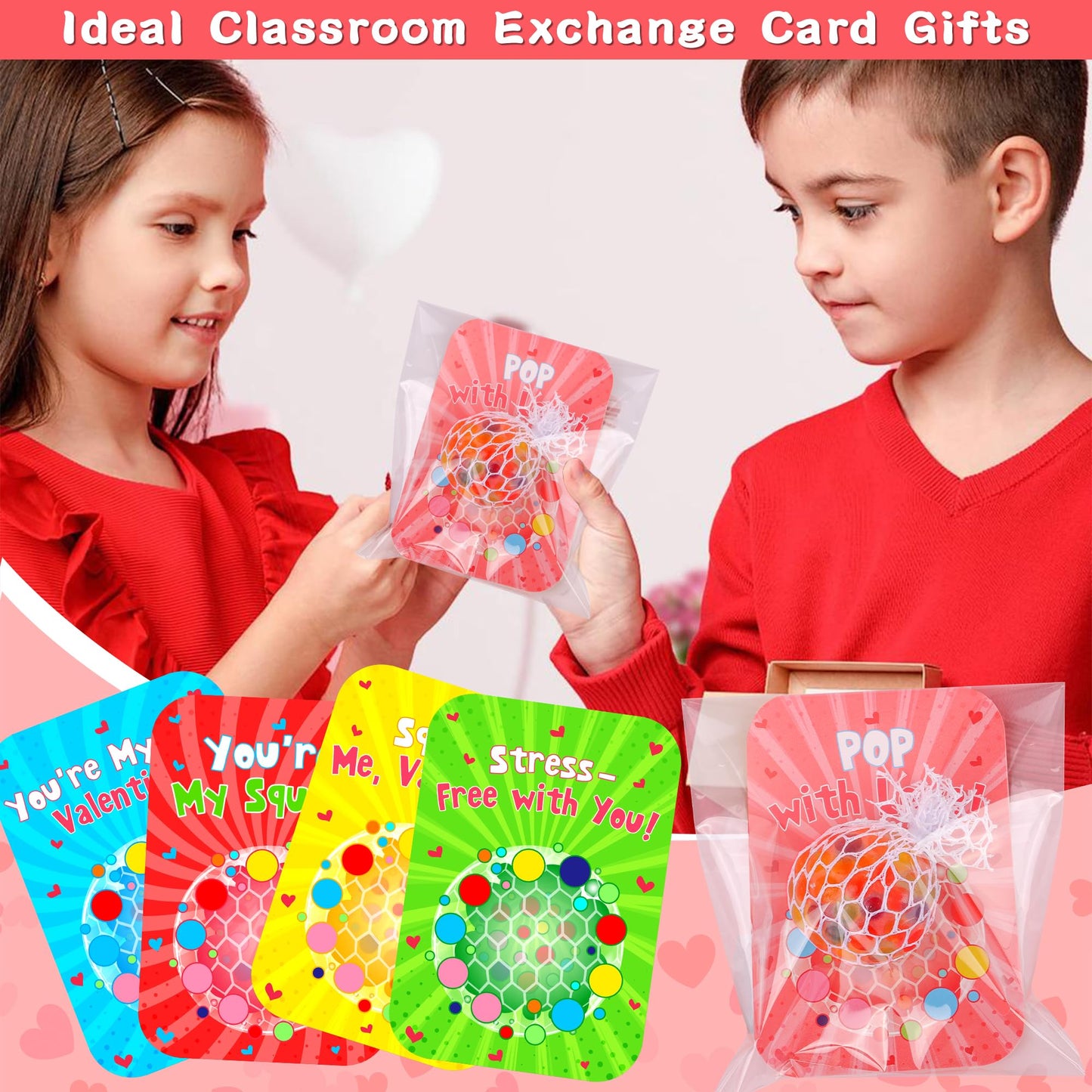 FLYSNK 24 Pack Valentines Day Cards with Grape Stress Balls | Classroom Gifts, Party Favors & School Prizes