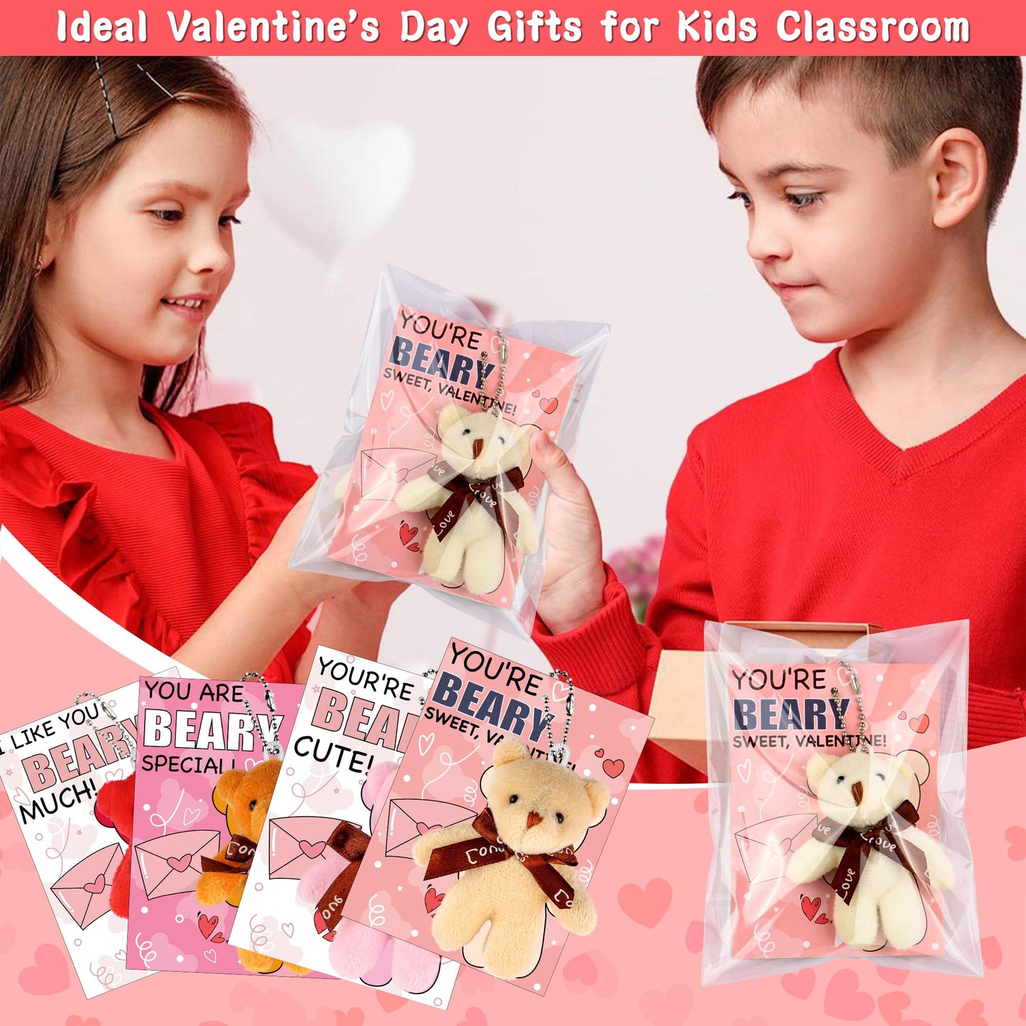 FLYSNK 28-Pack Valentines Cards & Mini Bear Plush Toys for Classroom Gifts