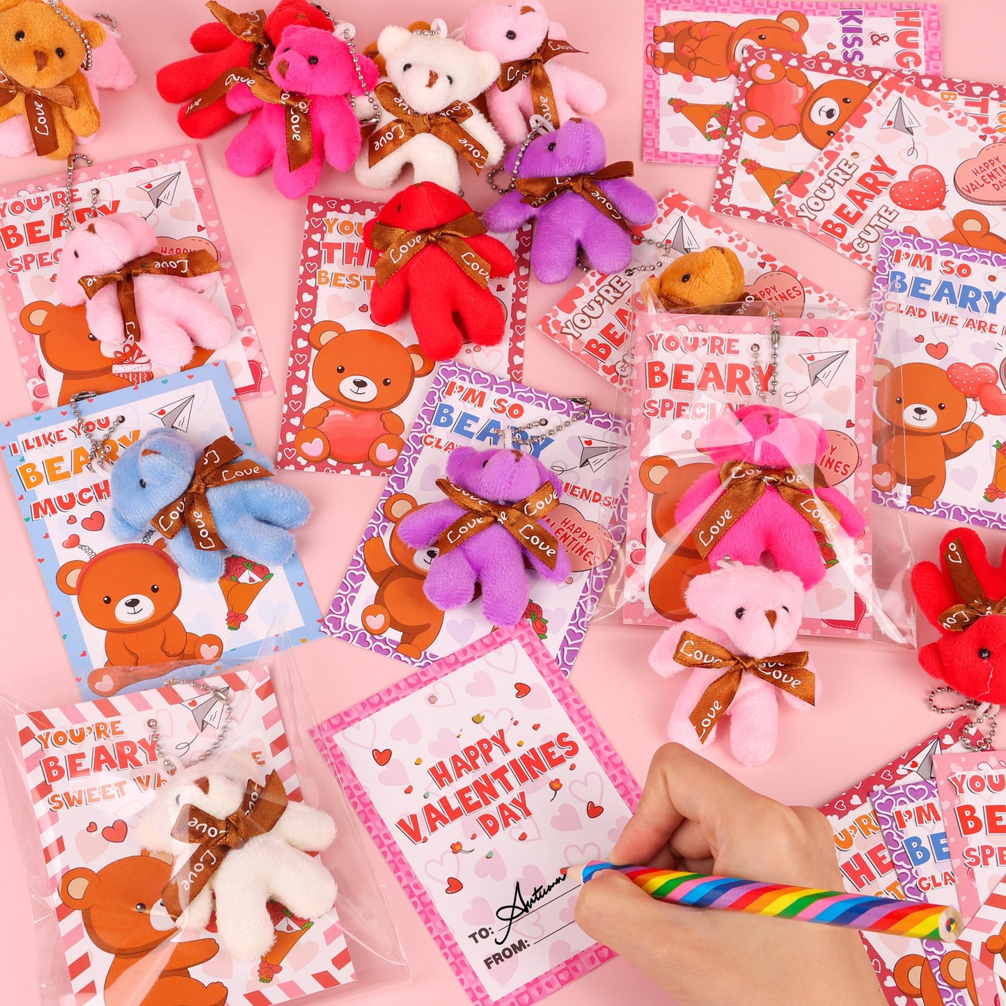 FLYSNK 28-Pack Valentines Day Gifts for Kids | Mini Plush Bear Keychains & Cards
