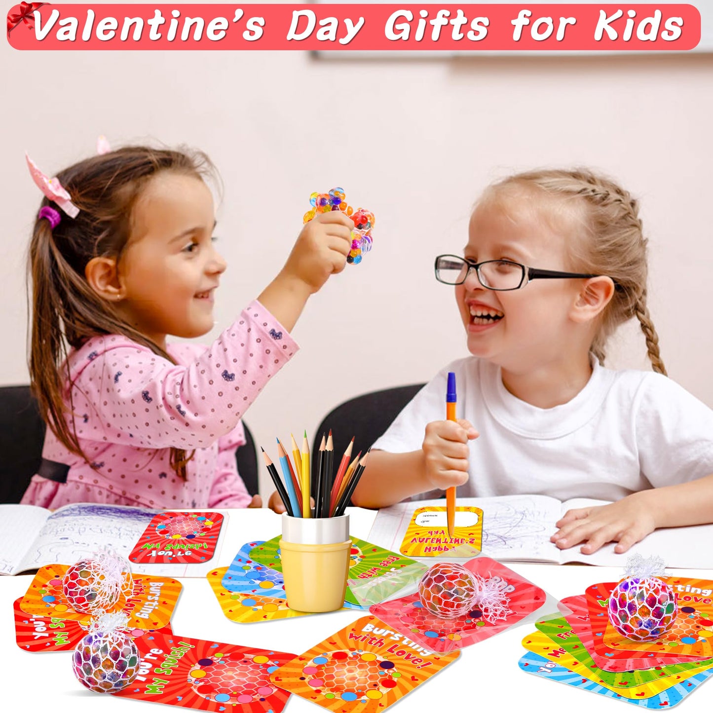 FLYSNK 24 Pack Valentines Day Cards with Grape Stress Balls | Classroom Gifts, Party Favors & School Prizes