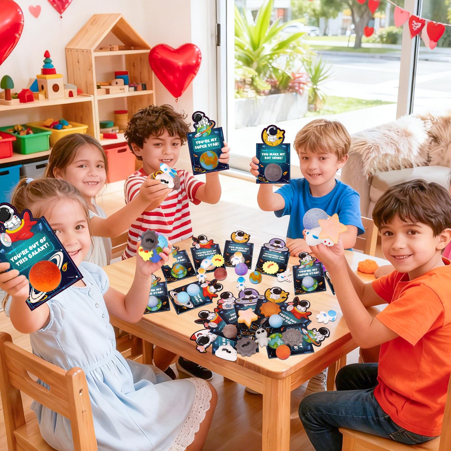 FLYSNK 28-Pack Galaxy Mochi Valentines Cards & Fidget Toys for Kids