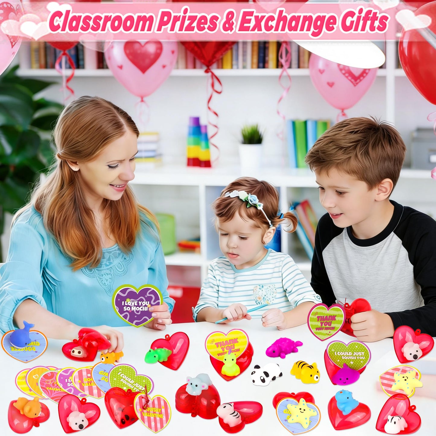 Flysnk 28-Pack Mochi Squish Valentines Cards & Red Heart Cases — Classroom Gift Set