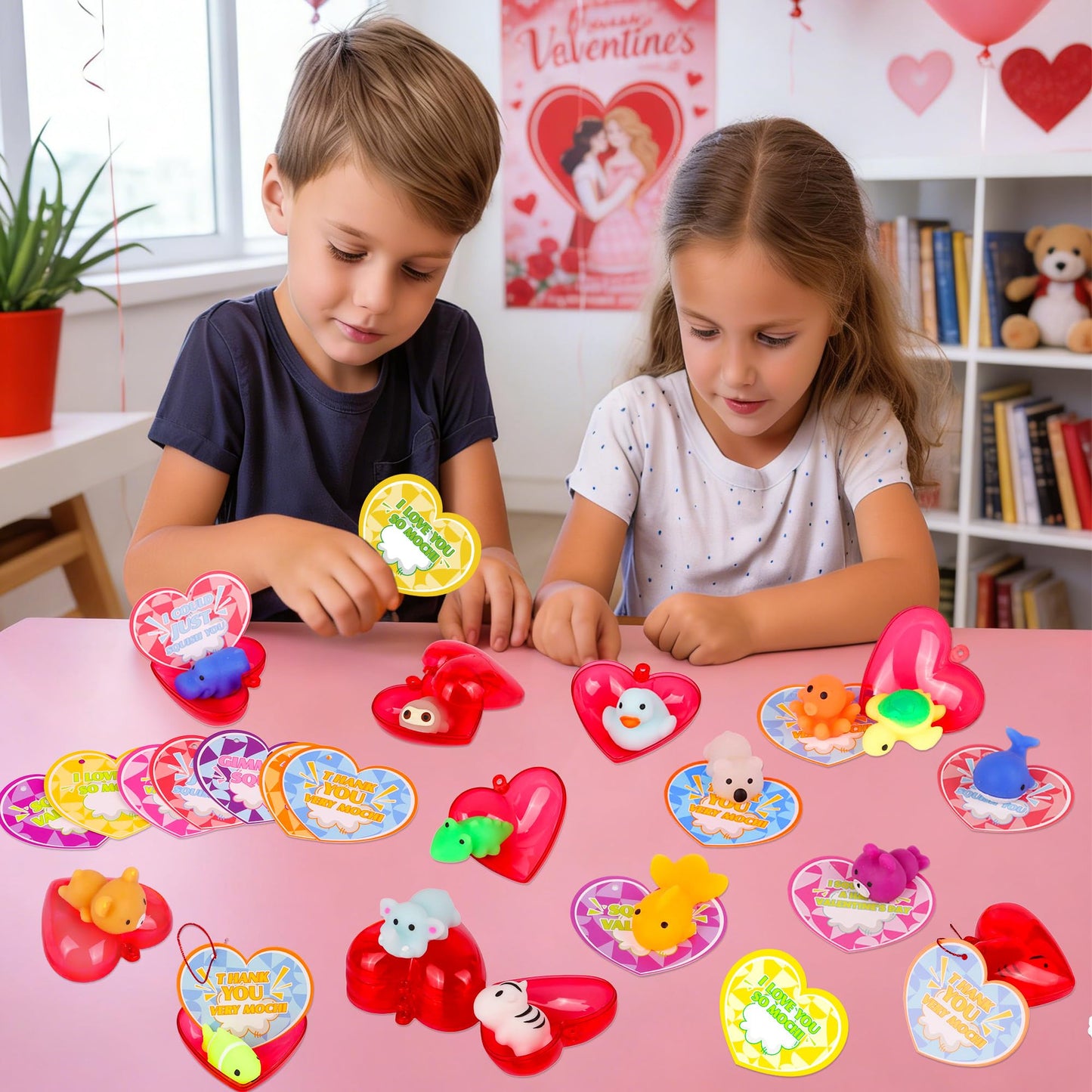 FLYSNK 28 Pack Mochi Squishes Valentines Day Cards for Kids – Classroom Gifts, Exchange Cards & Party Favors