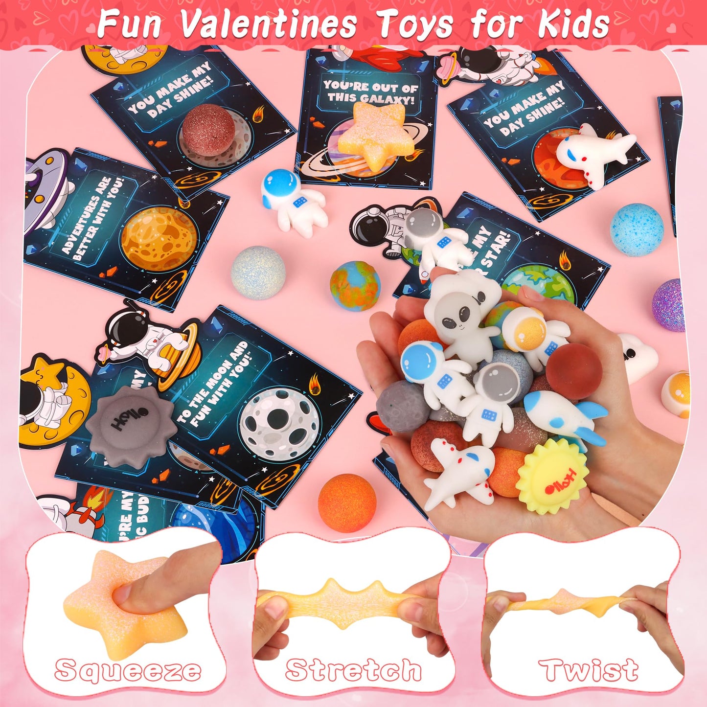FLYSNK 28-Pack Galaxy Mochi Valentines Cards & Fidget Toys for Kids