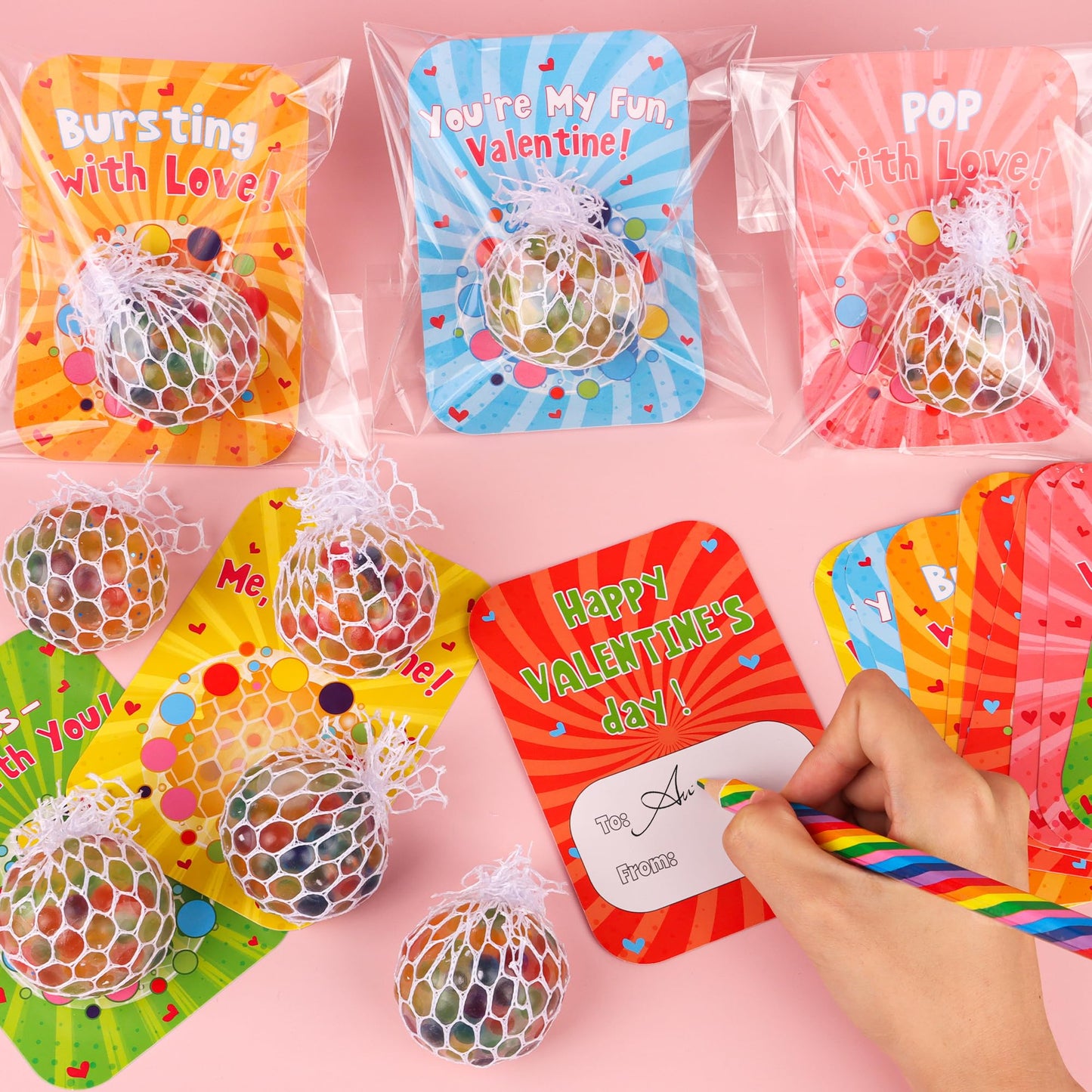 FLYSNK 24 Pack Valentines Day Cards with Grape Stress Balls | Classroom Gifts, Party Favors & School Prizes