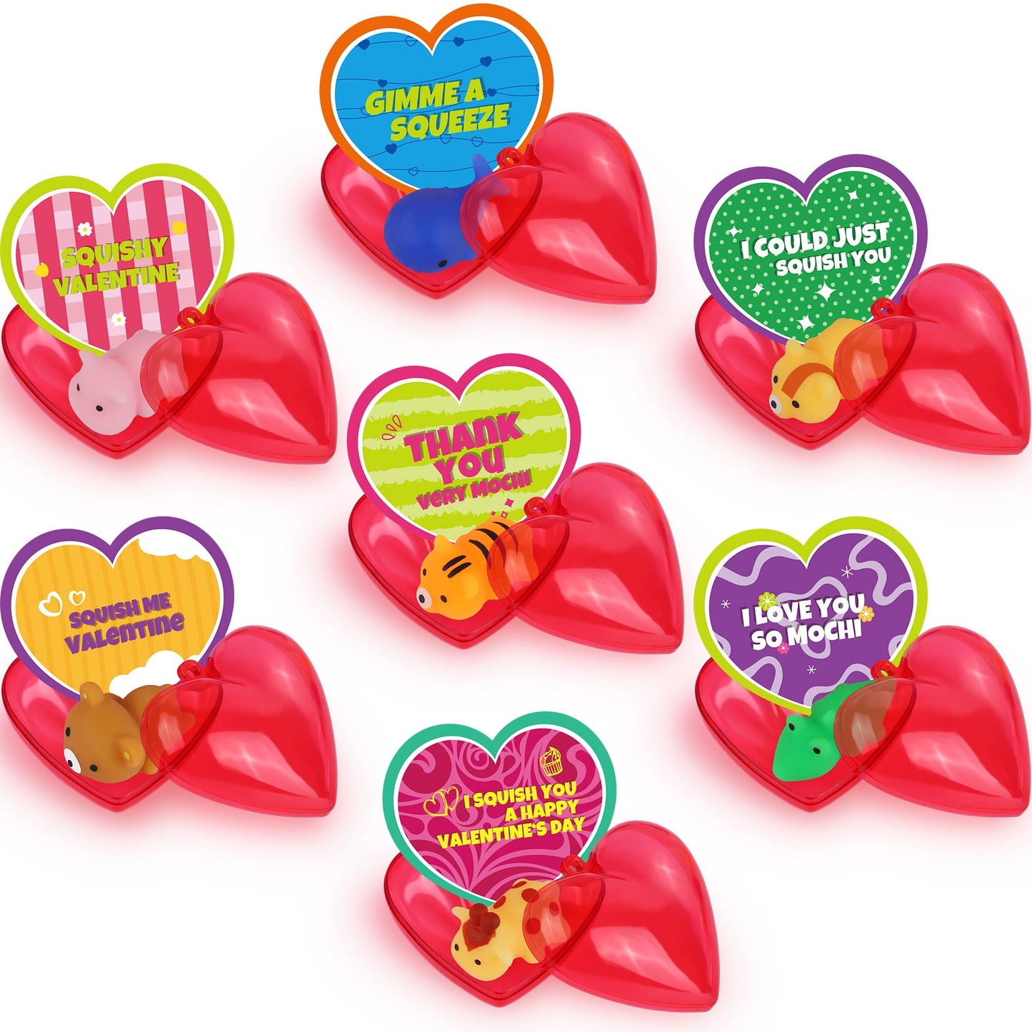Flysnk 28-Pack Mochi Squish Valentines Cards & Red Heart Cases — Classroom Gift Set