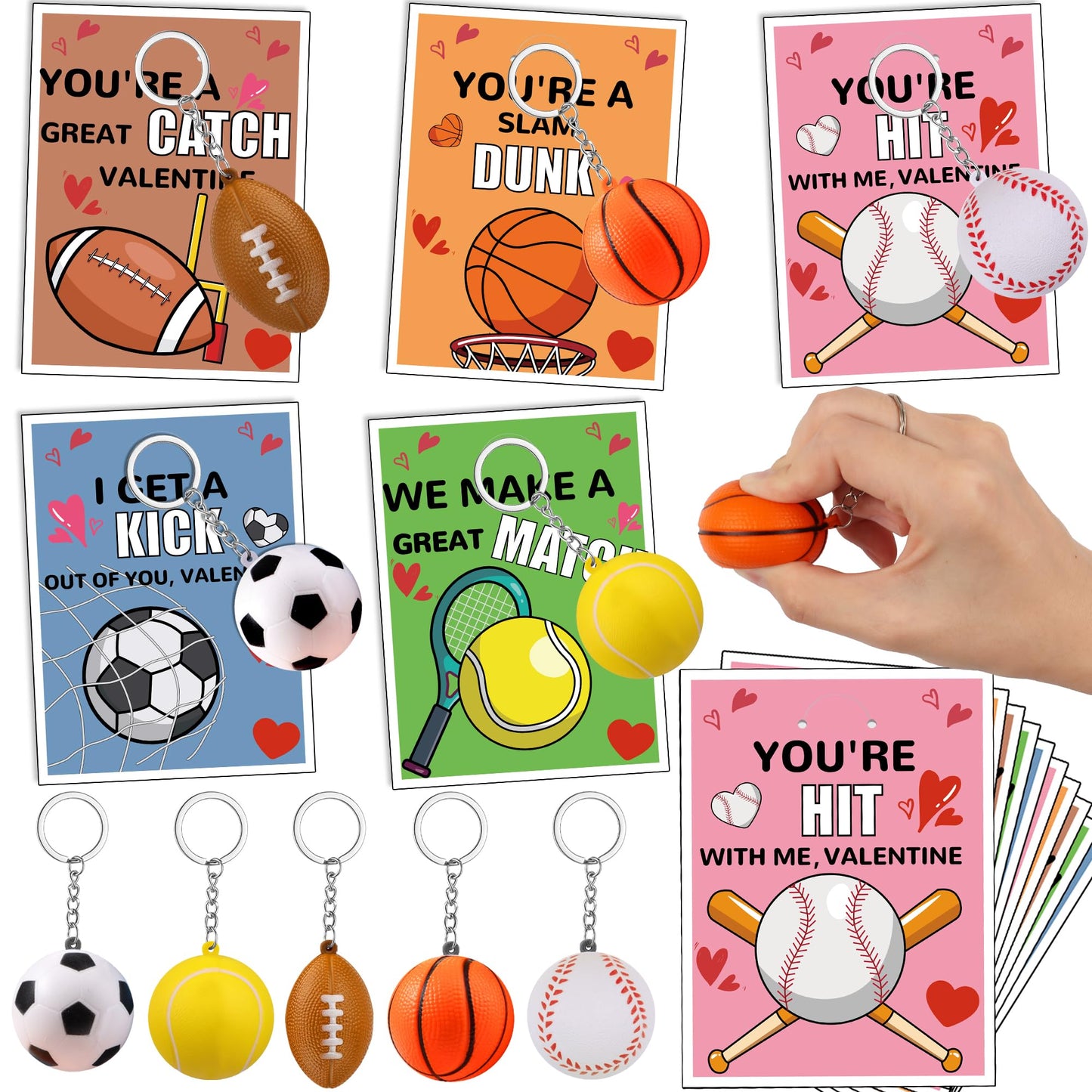 FLYSNK 30-Pack Valentines Cards with Stress Ball Keychains — Sports-Themed Classroom Valentines & Party Favors