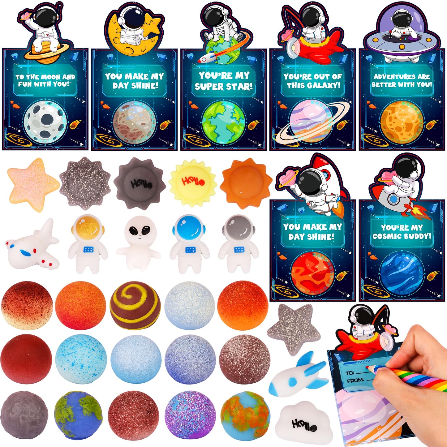 FLYSNK 28-Pack Galaxy Mochi Valentines Cards & Fidget Toys for Kids