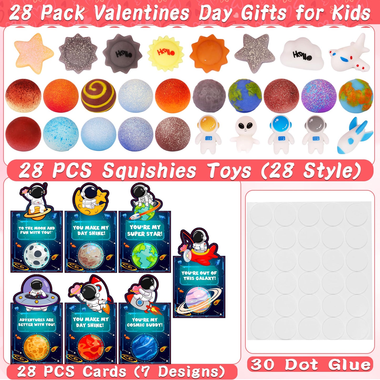 FLYSNK 28-Pack Galaxy Mochi Valentines Cards & Fidget Toys for Kids