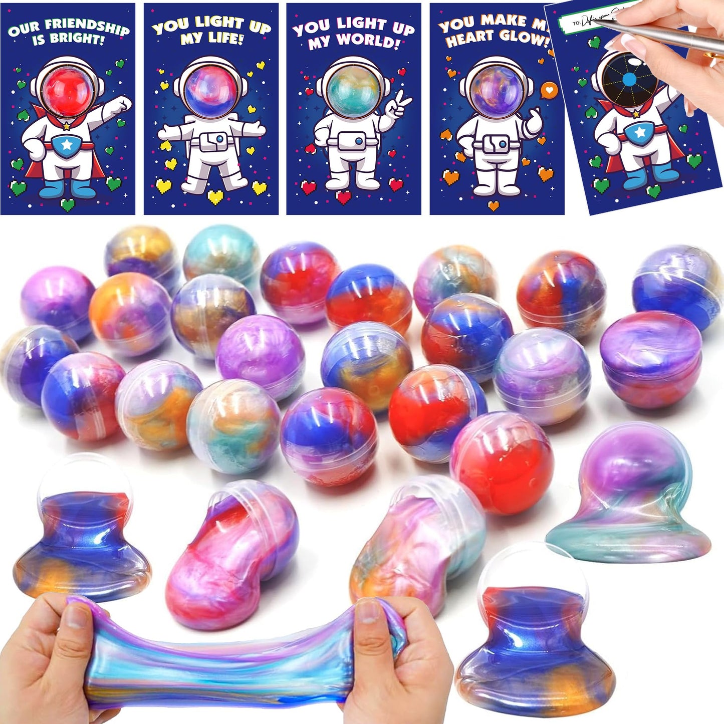 FLYSNK 28-Pack Galaxy Slime Valentines Day Cards for Kids — Classroom Gift Set