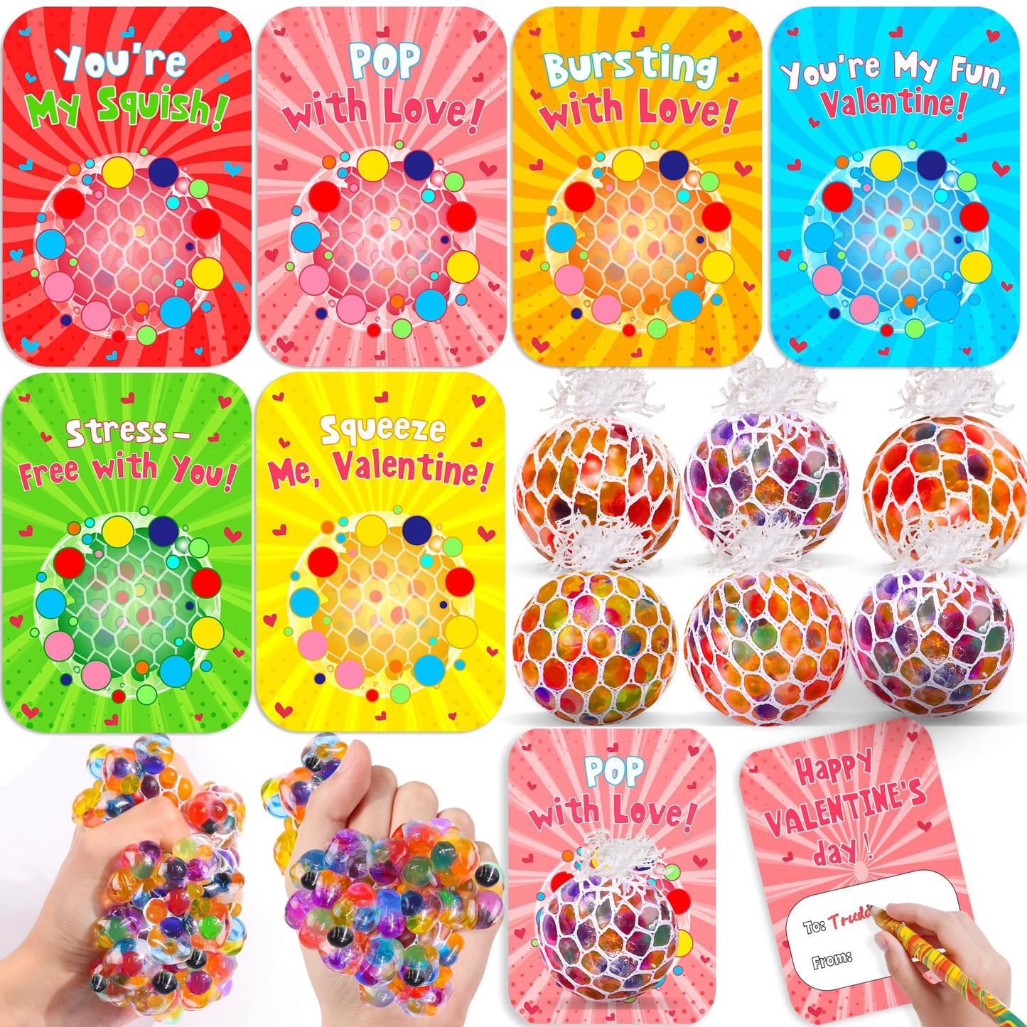 FLYSNK 24 Pack Valentines Day Cards with Grape Stress Balls | Classroom Gifts, Party Favors & School Prizes
