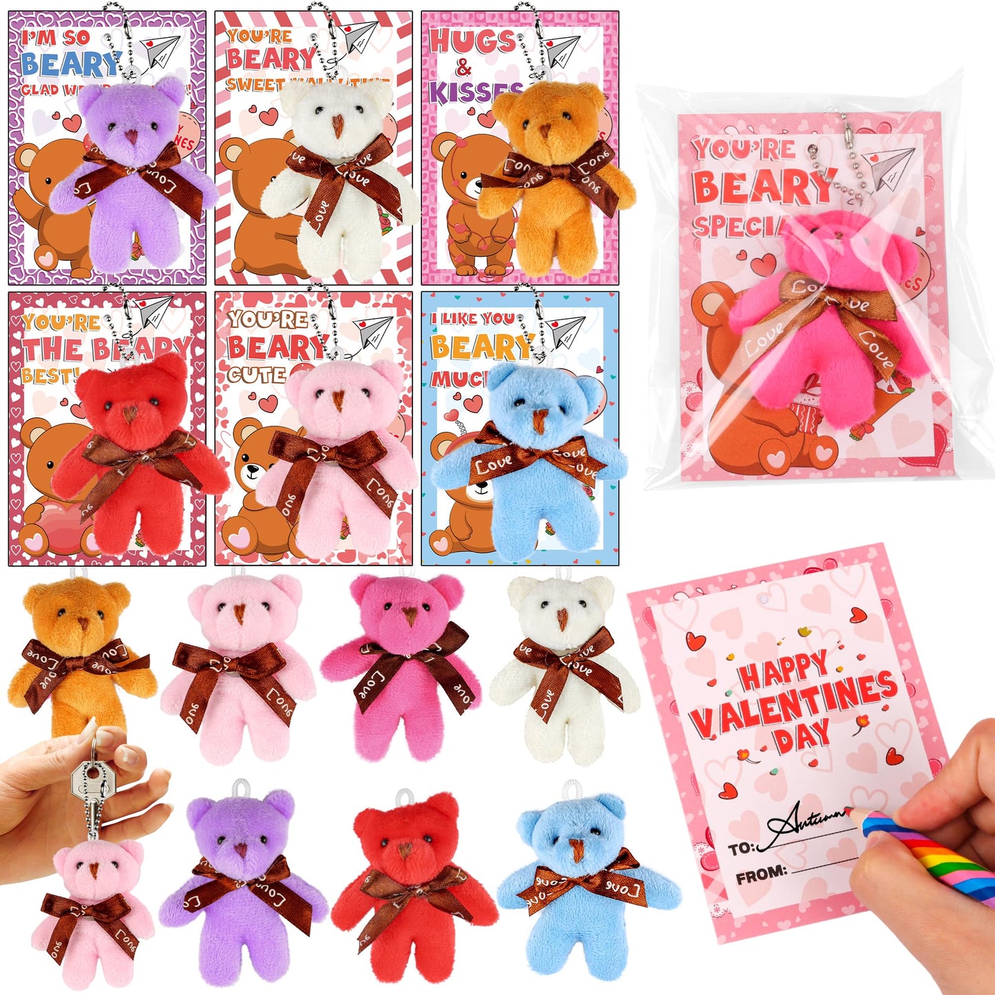 FLYSNK 28-Pack Valentines Day Gifts for Kids | Mini Plush Bear Keychains & Cards