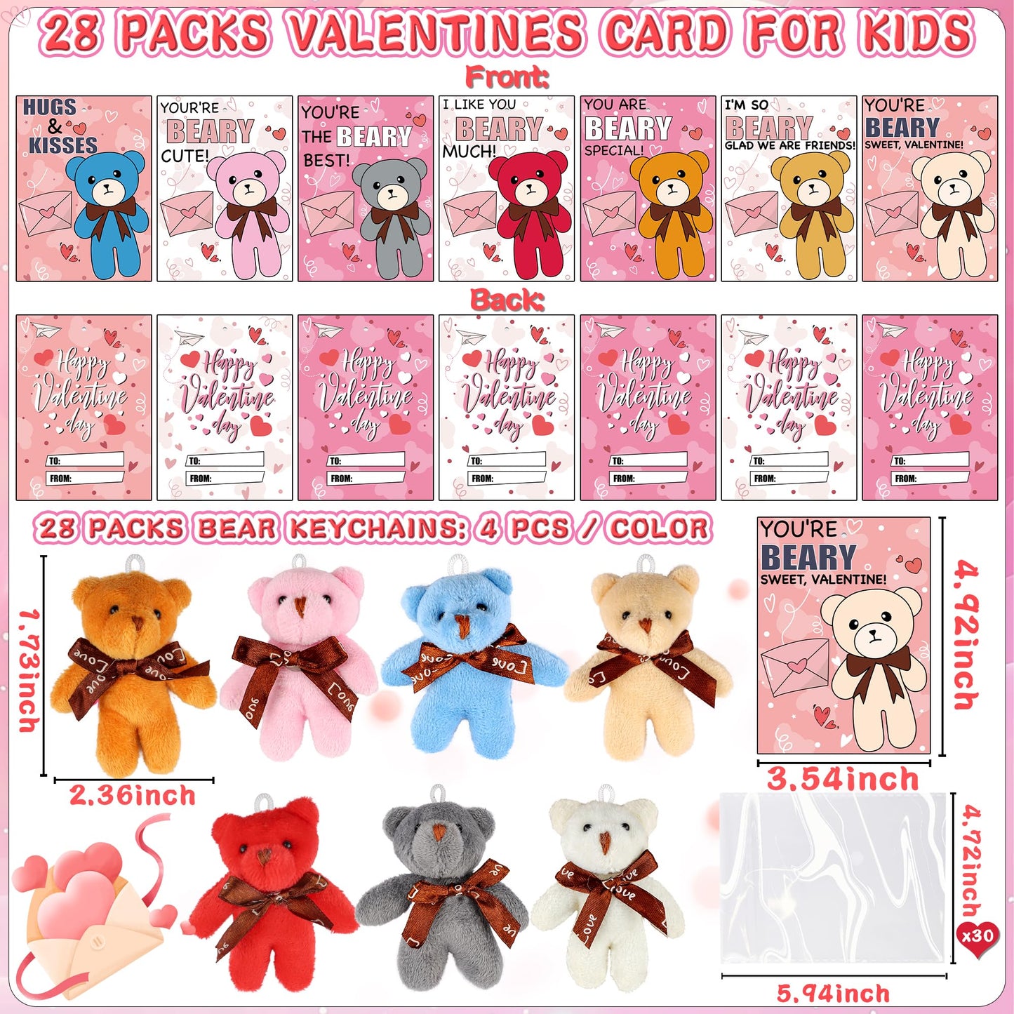 FLYSNK 28-Pack Valentines Cards & Mini Bear Plush Toys for Classroom Gifts